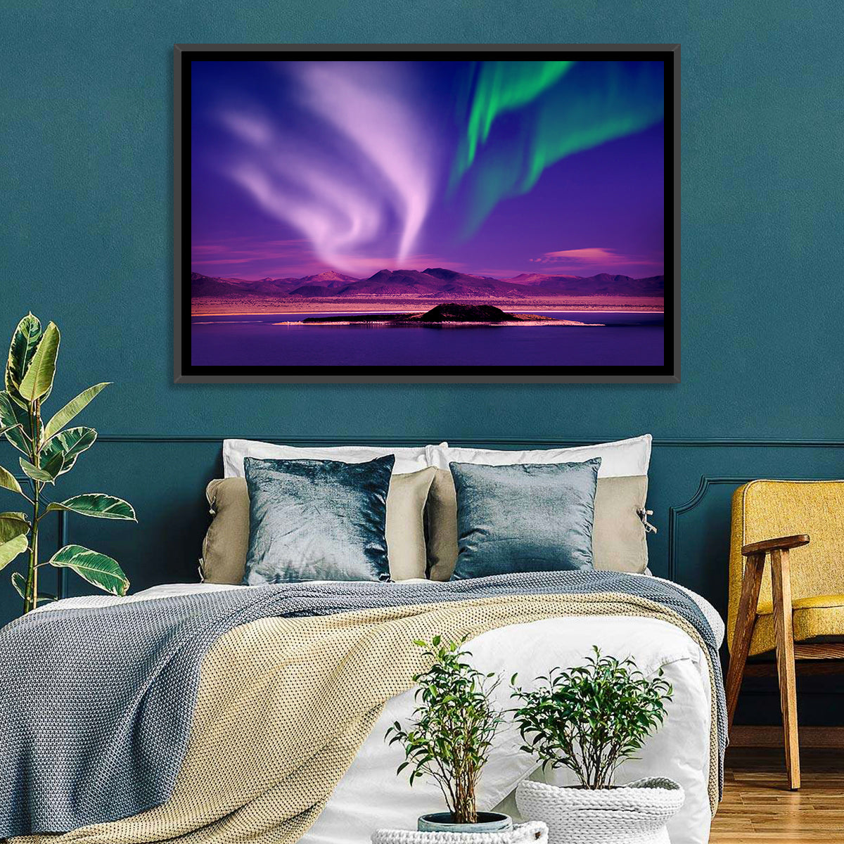 Violet Aurora Over Island Lake Wall Art in a room, landscape