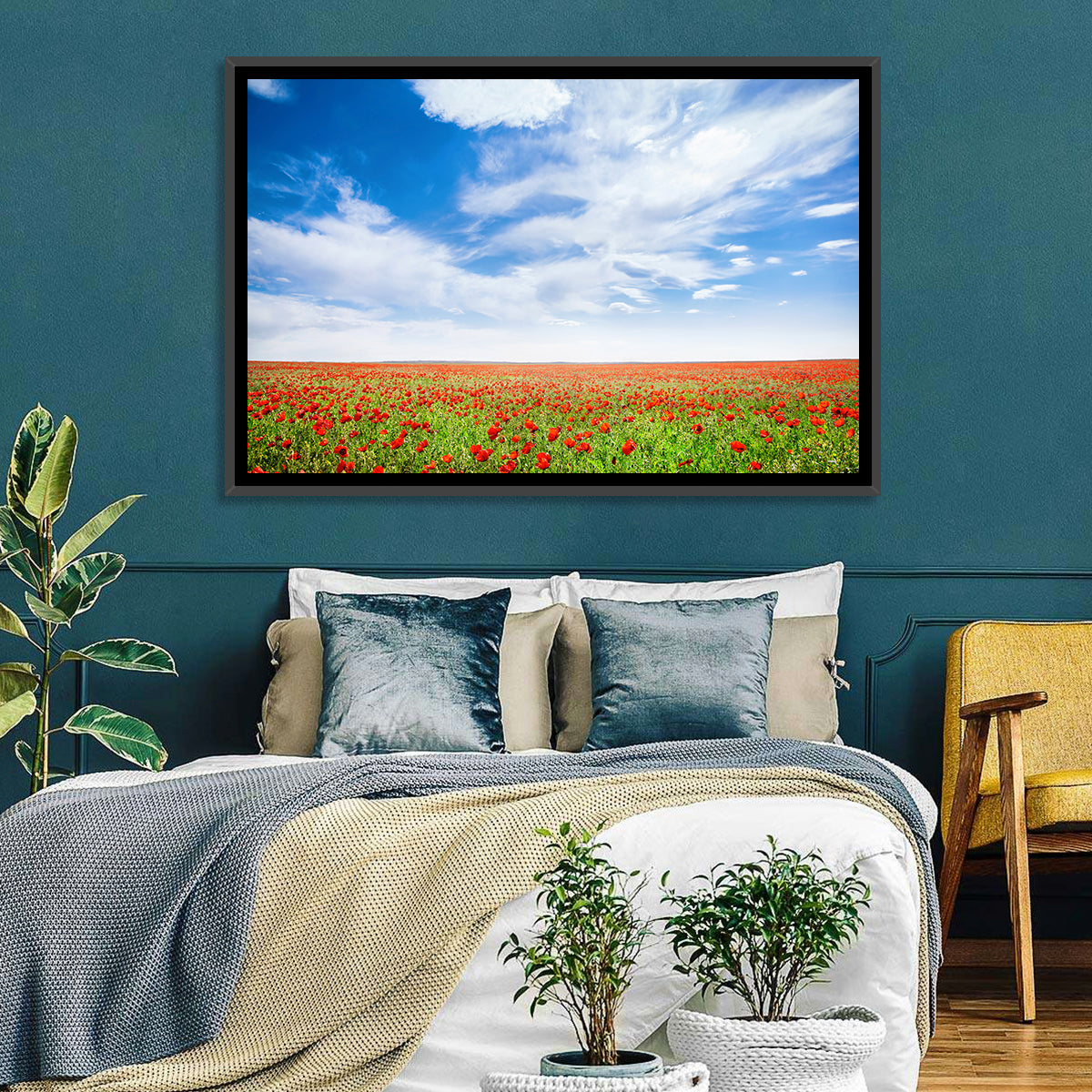 Red Poppy Field Wall Art in a room, landscape