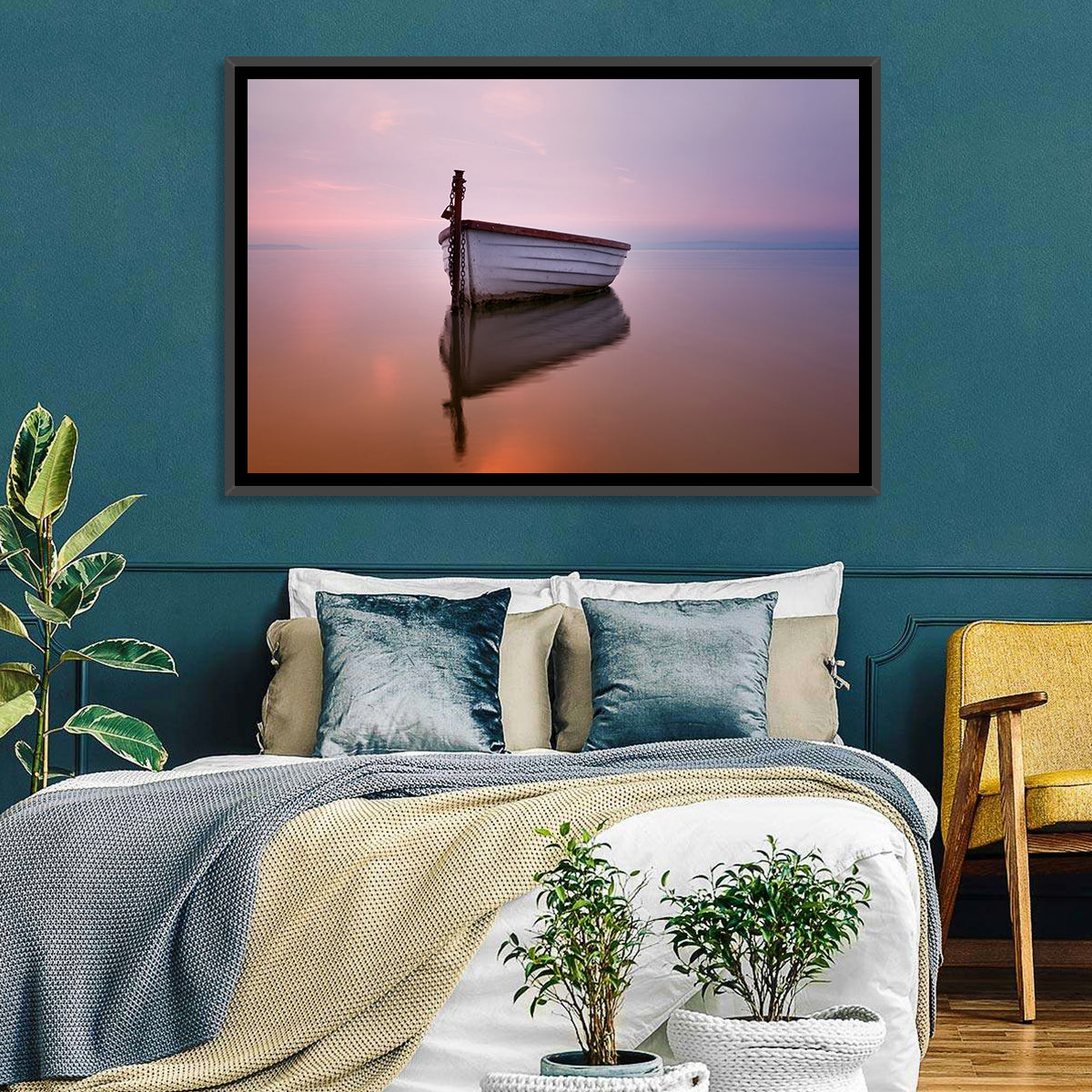 Pastel Boat Reflection Wall Art in a room, landscape
