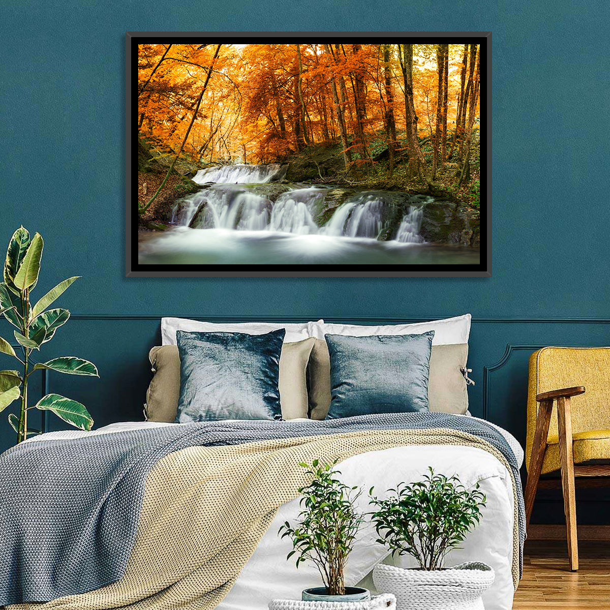 Autumn Forest Waterfall Wall Art in a room, landscape