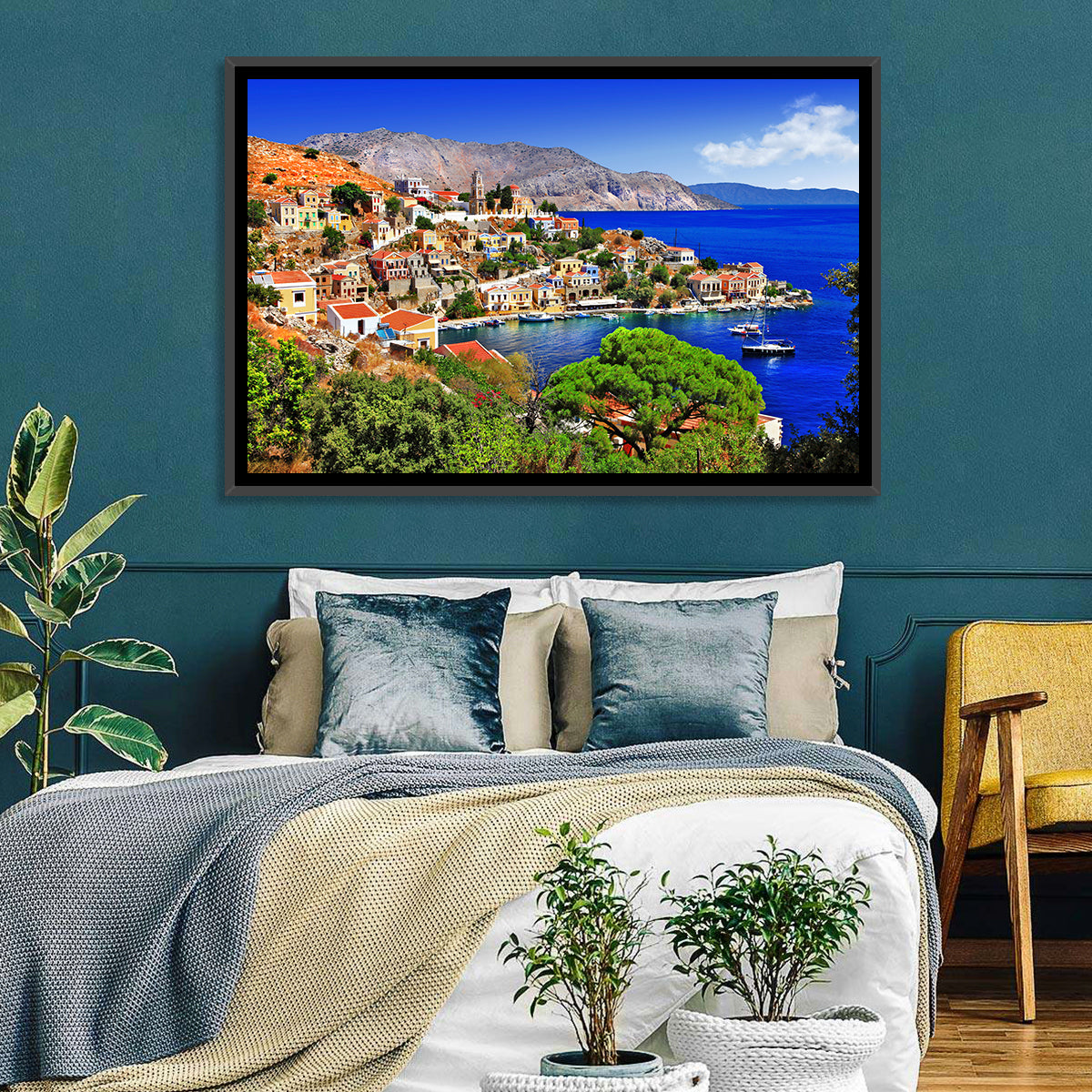 Symi Harbor, Greece Wall Art in a room, landscape