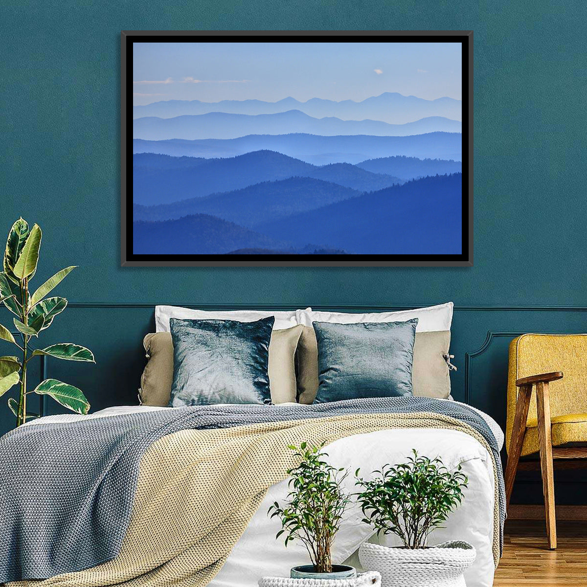 Misty Blue Mountain Valley Wall Art in a room, landscape