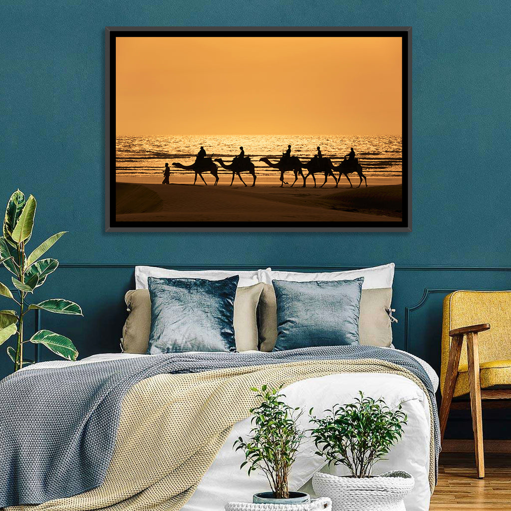 Camel Caravan Silhouette on Wet Sand Wall Art