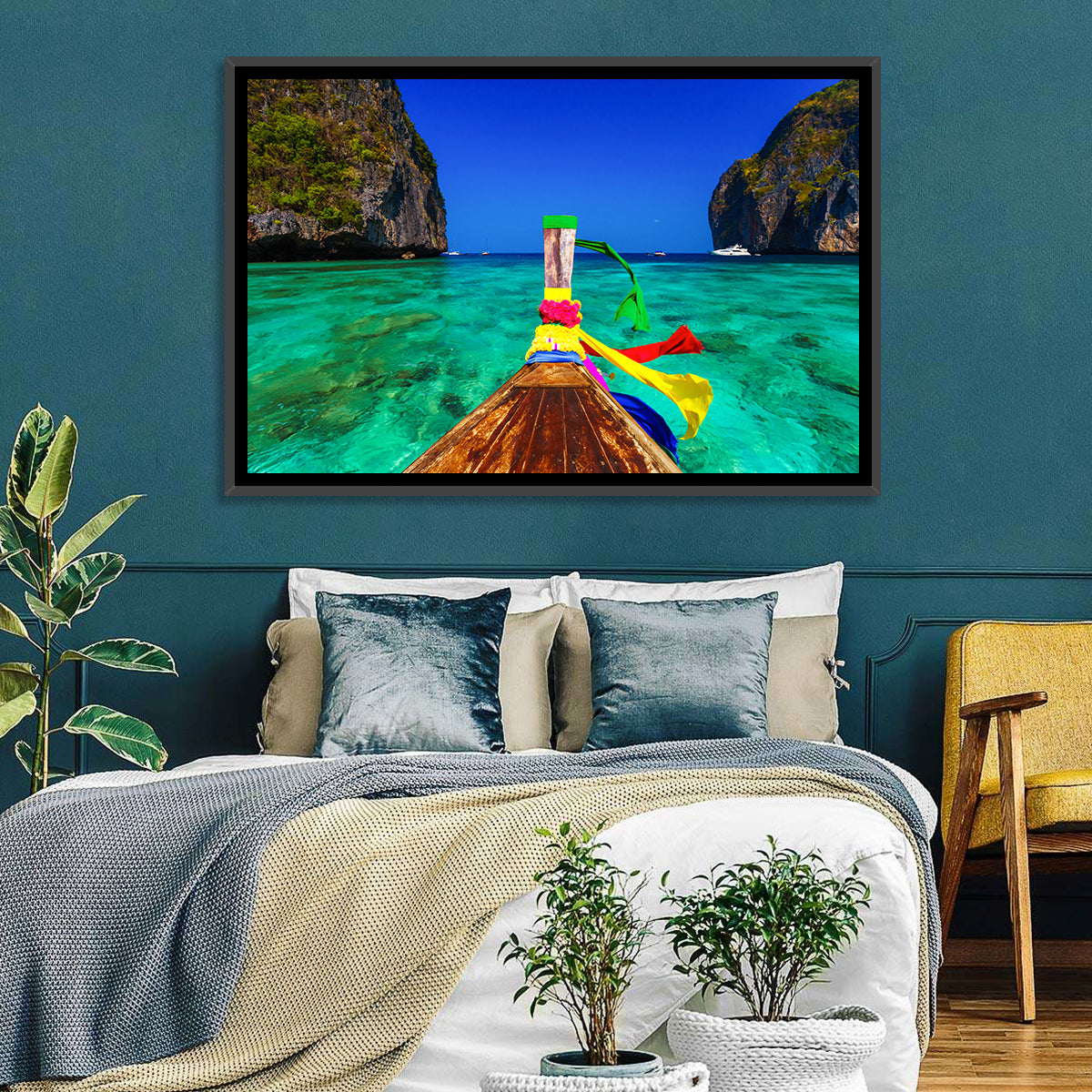 Maya Bay Long-tail Boat Wall Art in a room, landscape