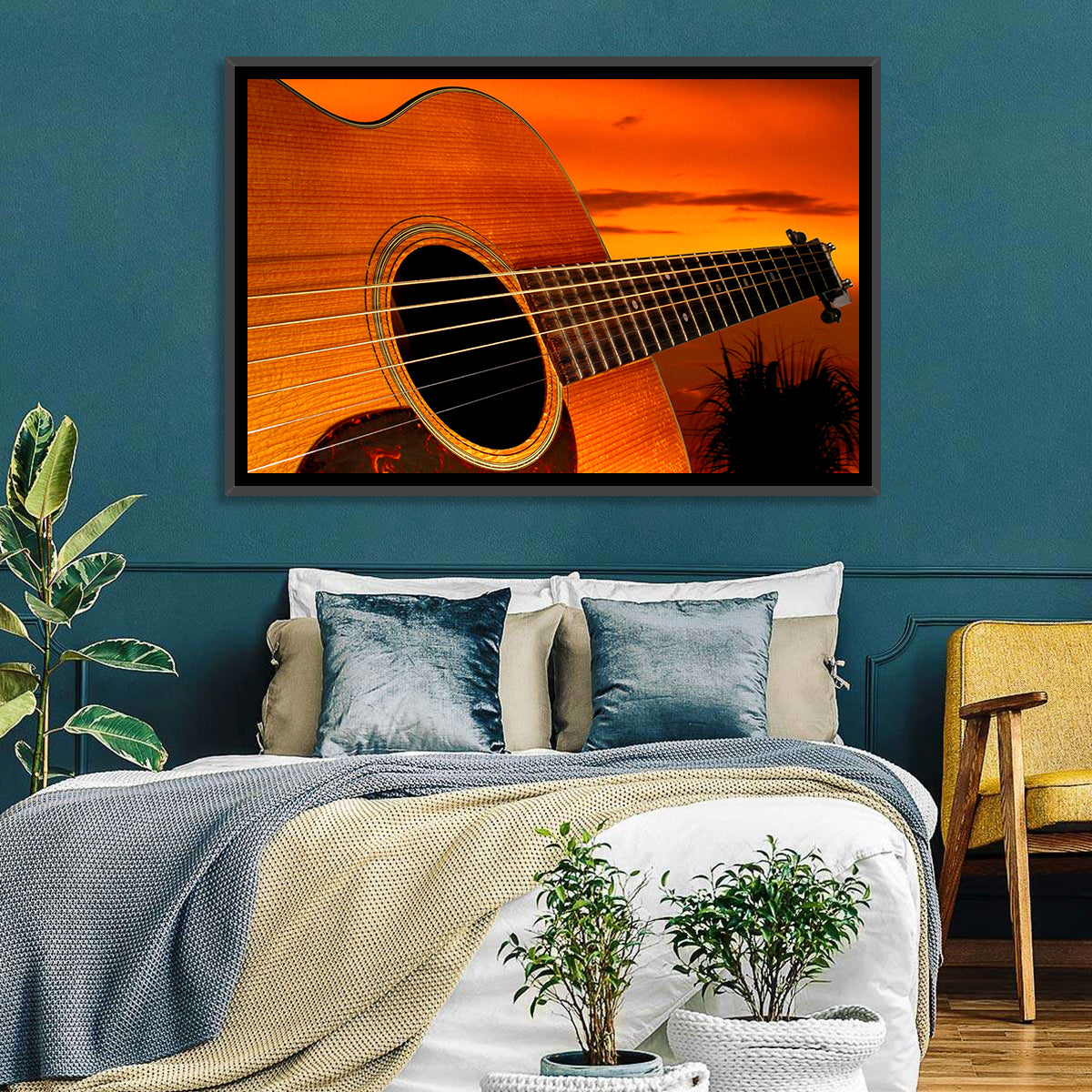 Sunset Acoustic Guitar Silhouette Wall Art in a room, landscape