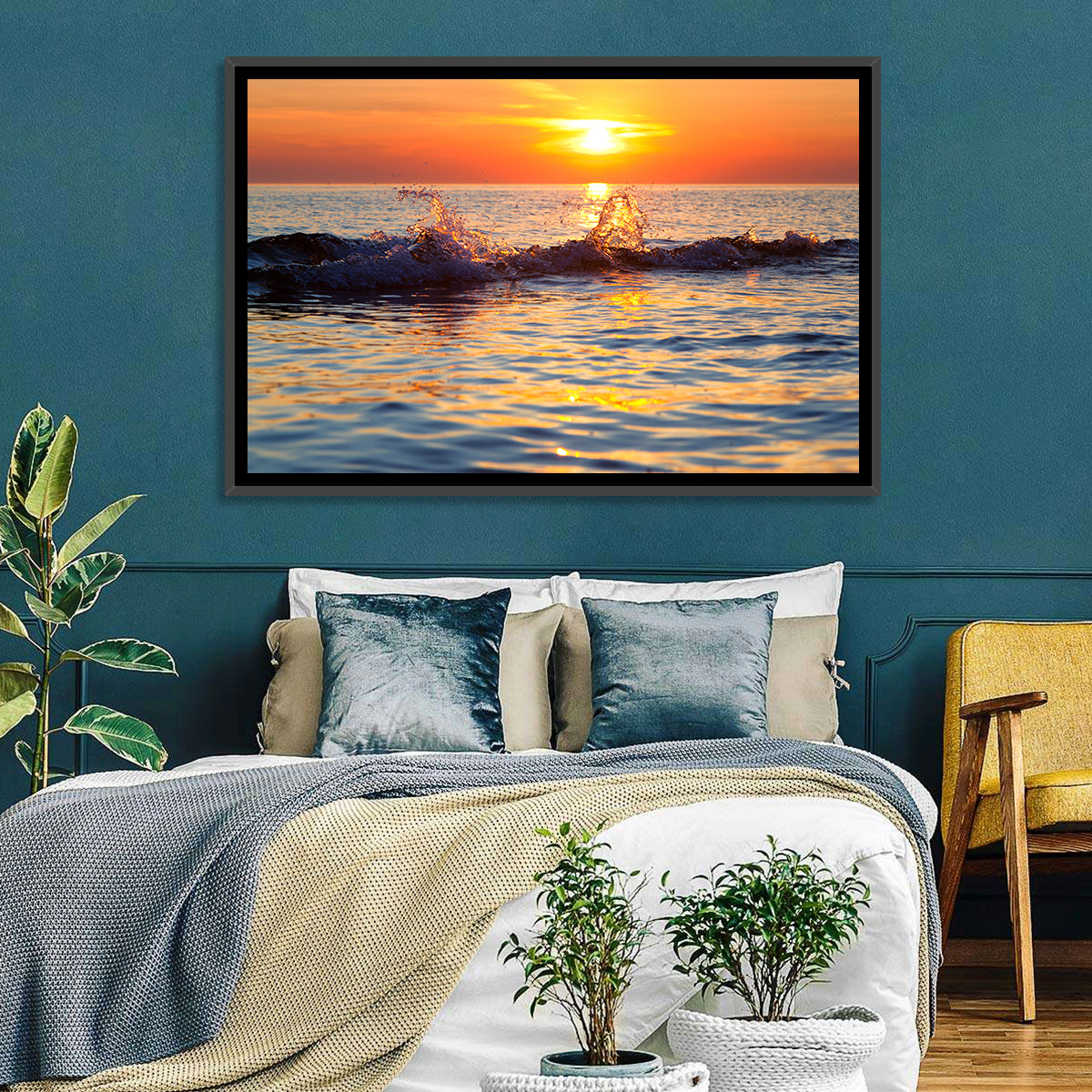 Lake Michigan Sunset Waves Wall Art in a room, landscape