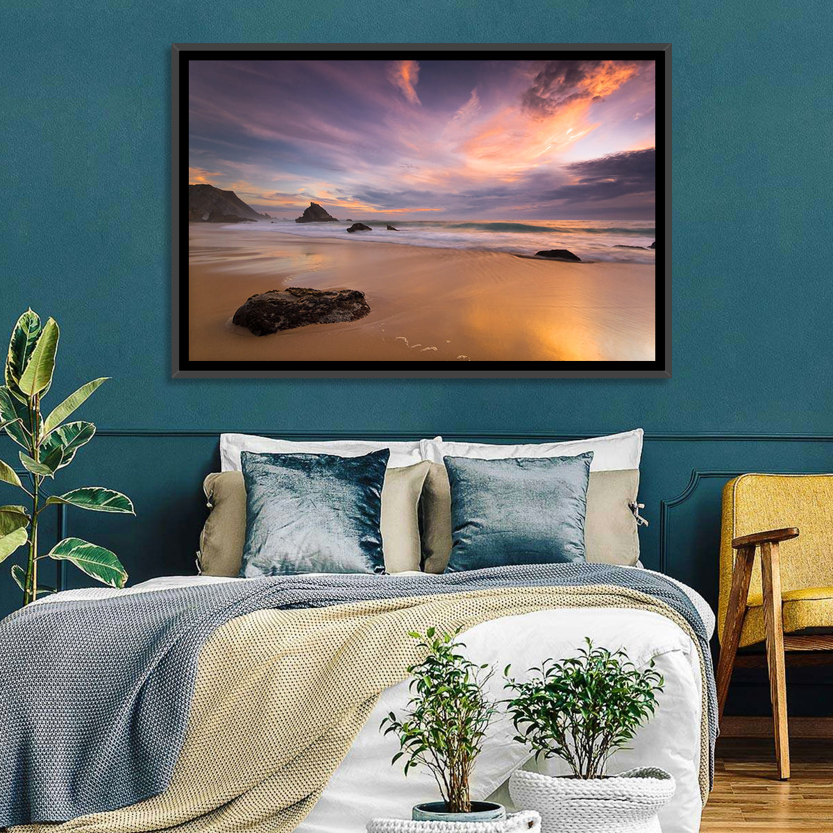 Adraga Beach Sunset Wall Art in a room, landscape