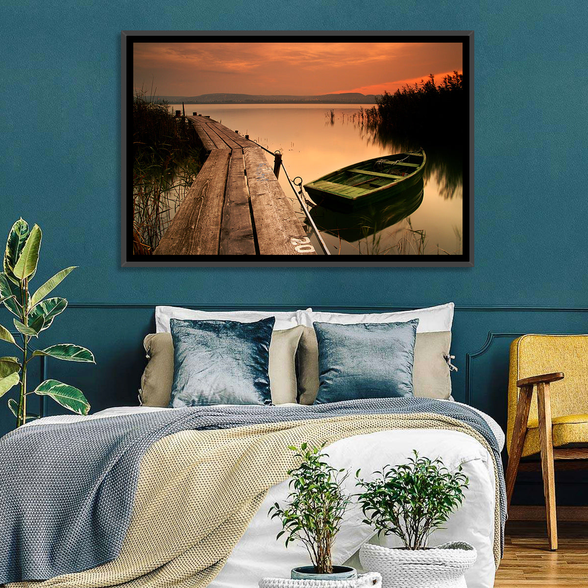 Pier and Rowboat on Lake Balaton Wall Art in a room, landscape