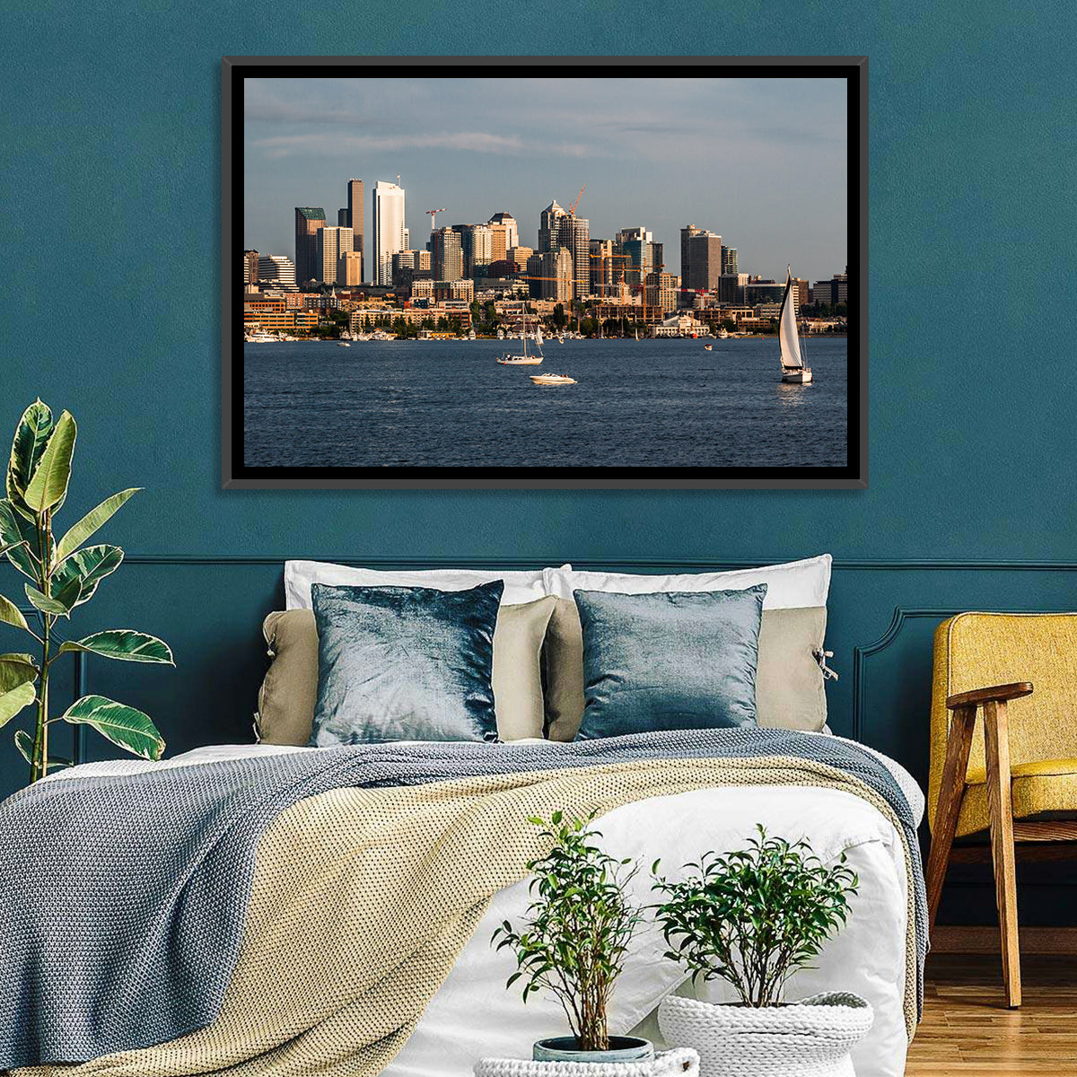 Seattle Skyline at Golden Hour Wall Art in a room, landscape
