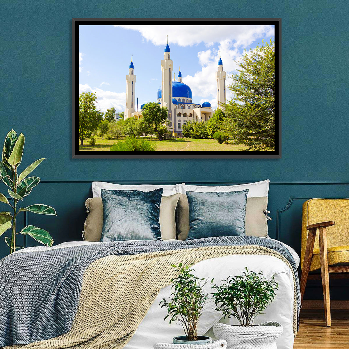 Blue Domed Mosque with Golden Minarets Wall Art in a room, landscape