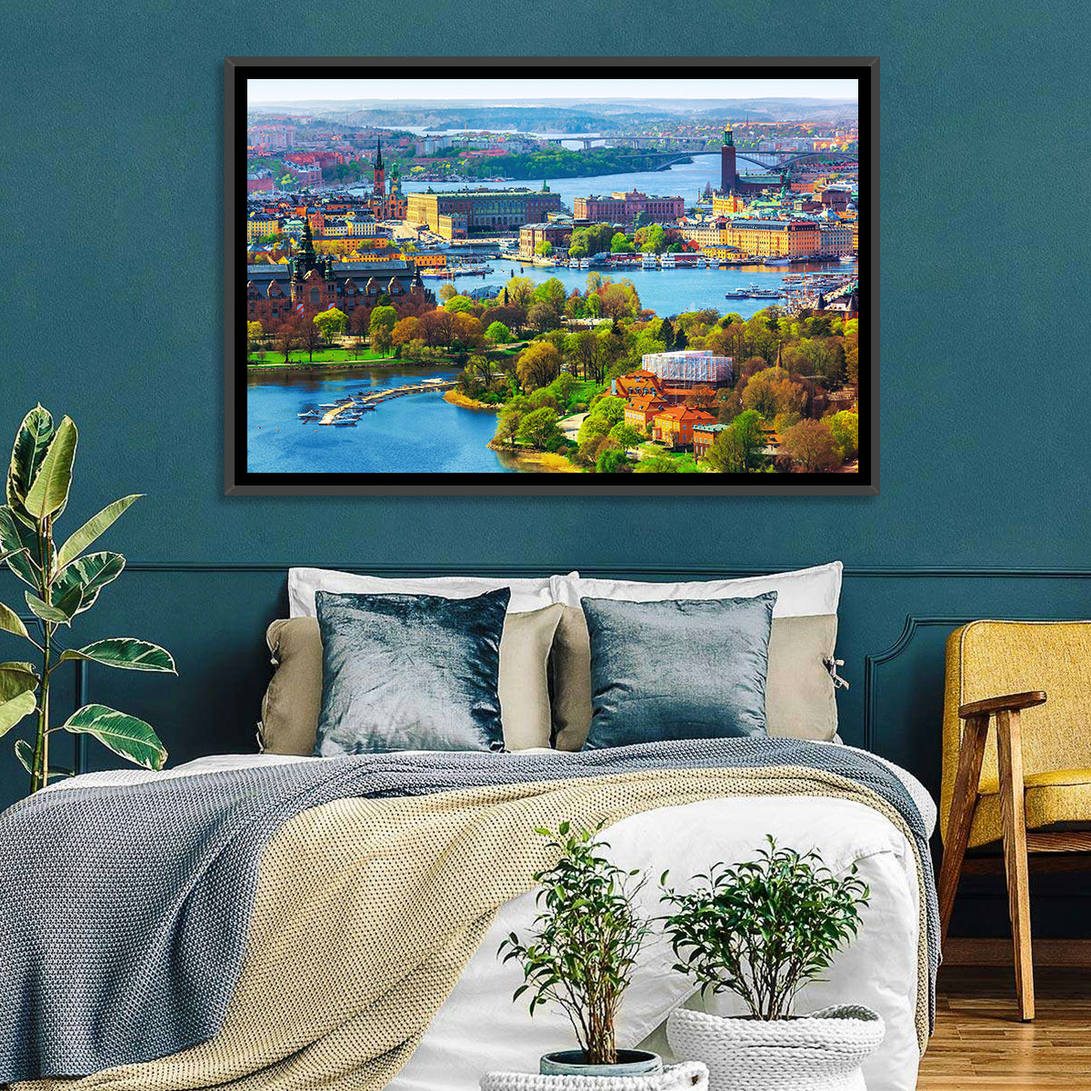 Gamla Stan Waterfront Wall Art in a room, landscape