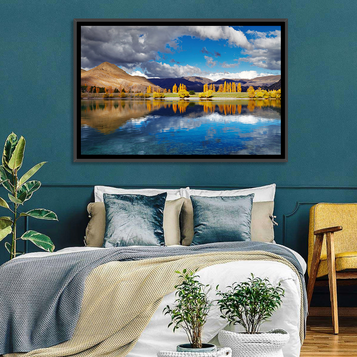 Lake Tekapo Autumn Reflection Wall Art in a room, landscape