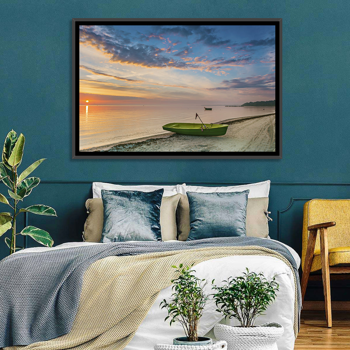 Green Rowboat at Sunrise Wall Art