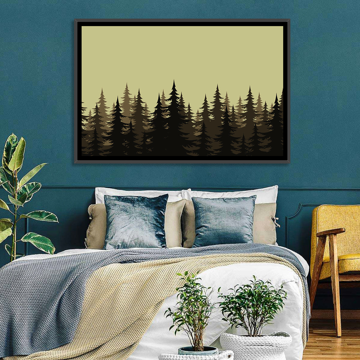 Fir Tree Silhouettes Wall Art in a room, landscape