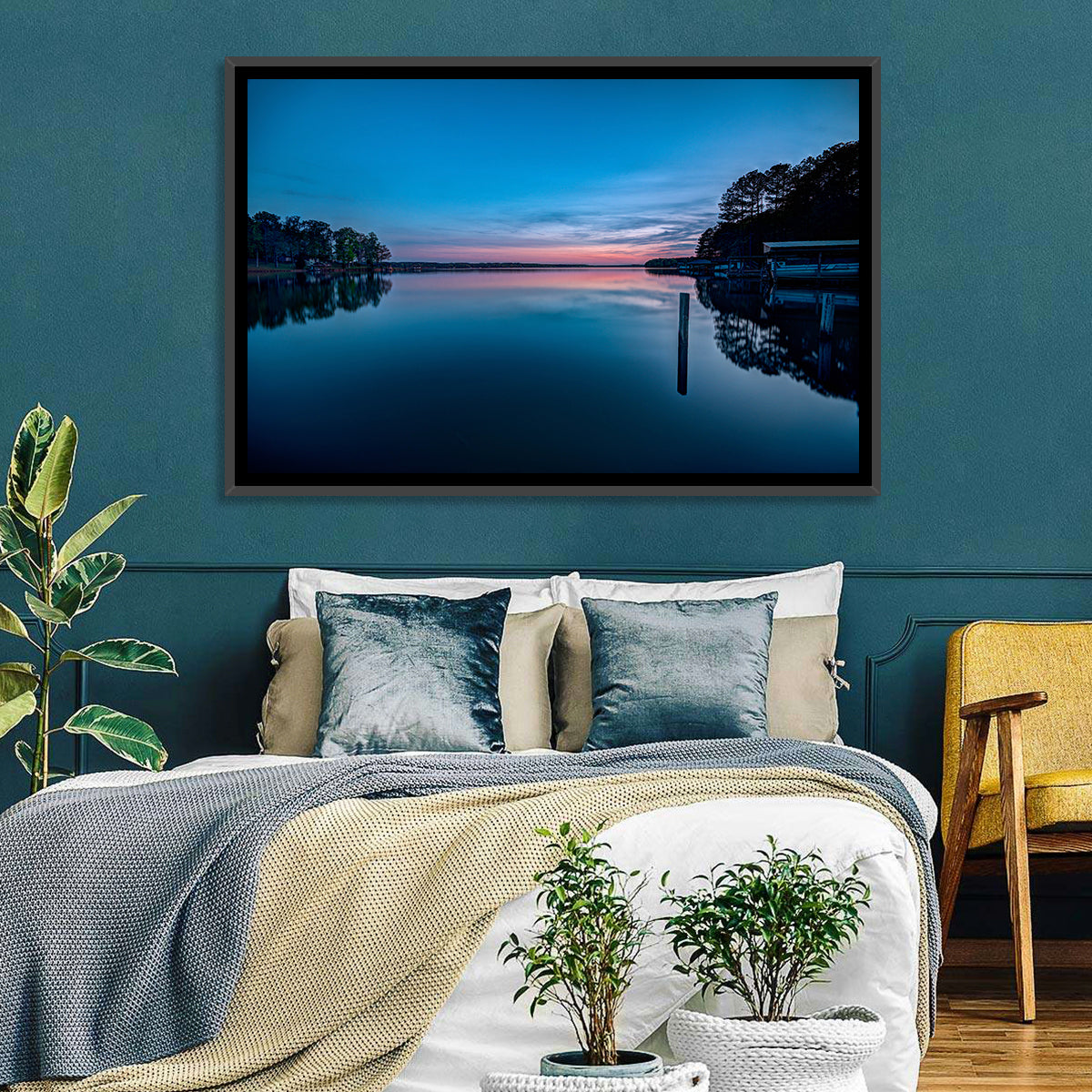 Lake Gaston Twilight Reflection Wall Art in a room, landscape