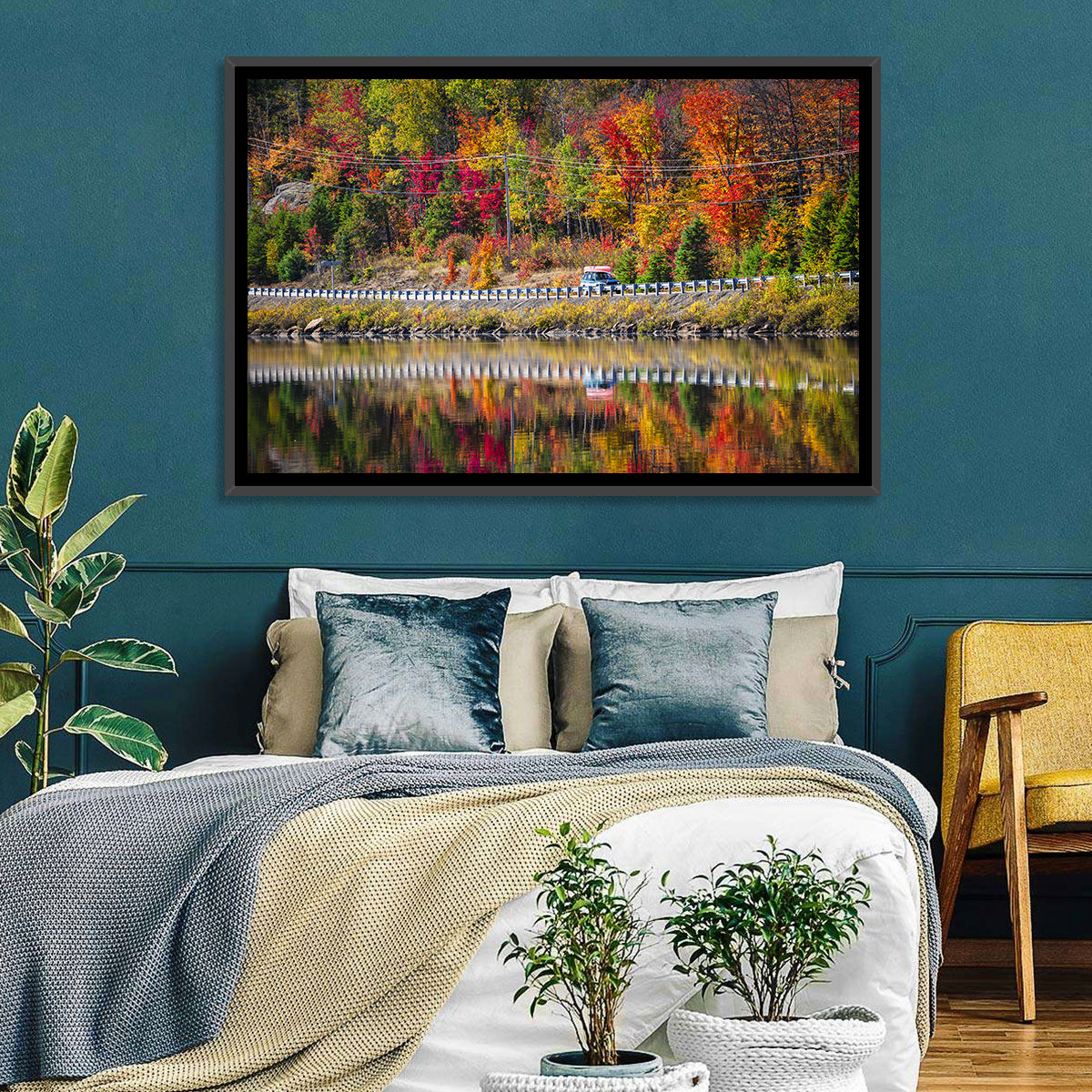 Algonquin Highway 60 Autumn Reflection Wall Art in a room, landscape