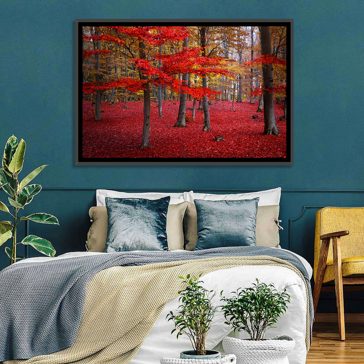 Crimson Autumn Forest Wall Art in a room, landscape