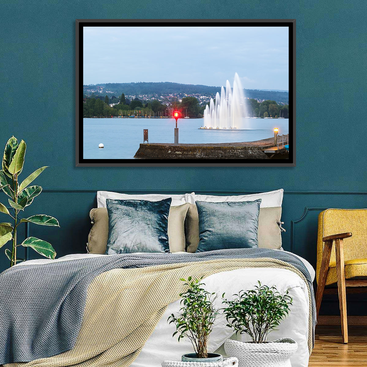 Lake Zurich Fountain at Dusk Wall Art in a room, landscape