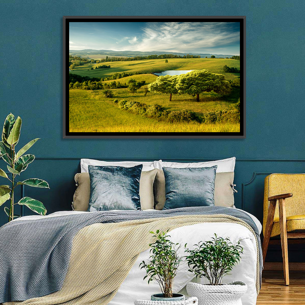 Rolling Hills with Pond Wall Art in a room, landscape