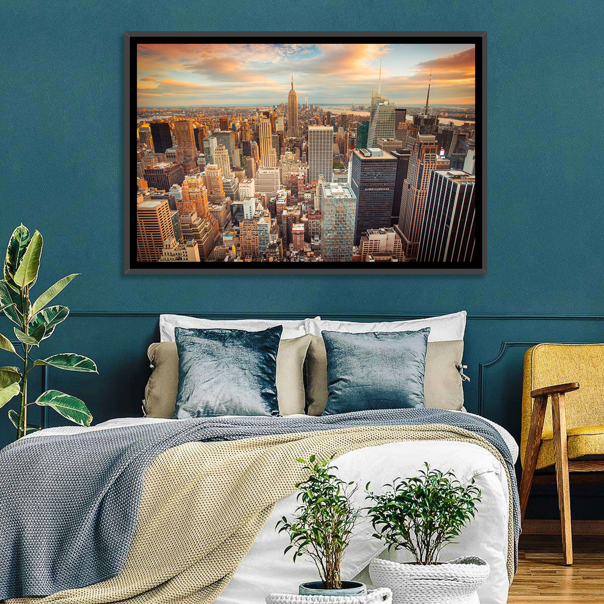 Midtown Manhattan Skyline at Sunset Wall Art in a room, landscape