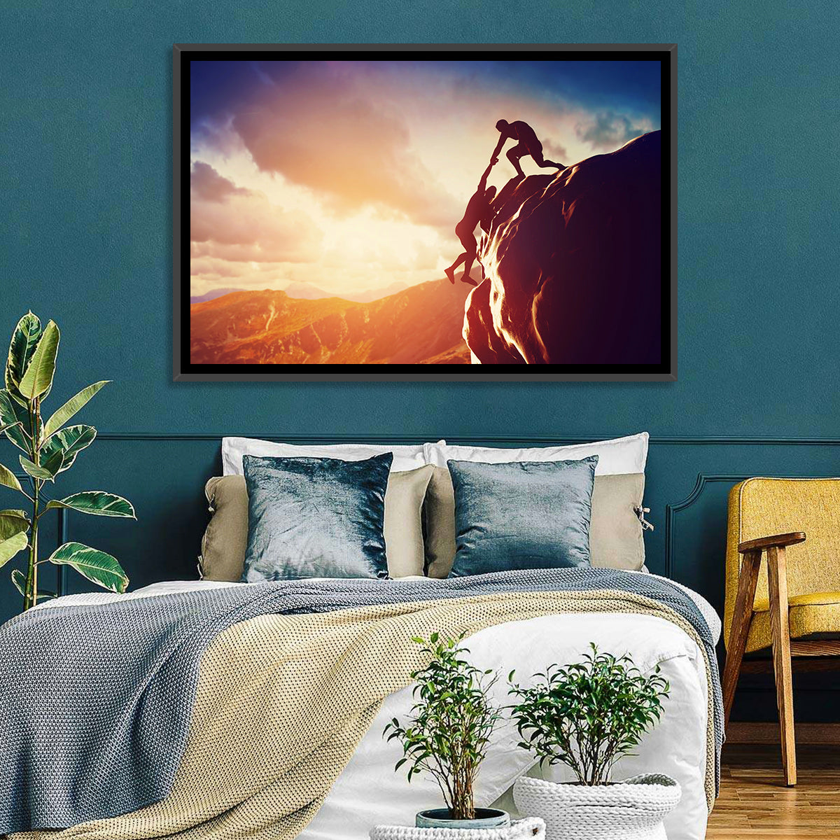 Two Hikers Summit Assist at Sunset Wall Art in a room, landscape