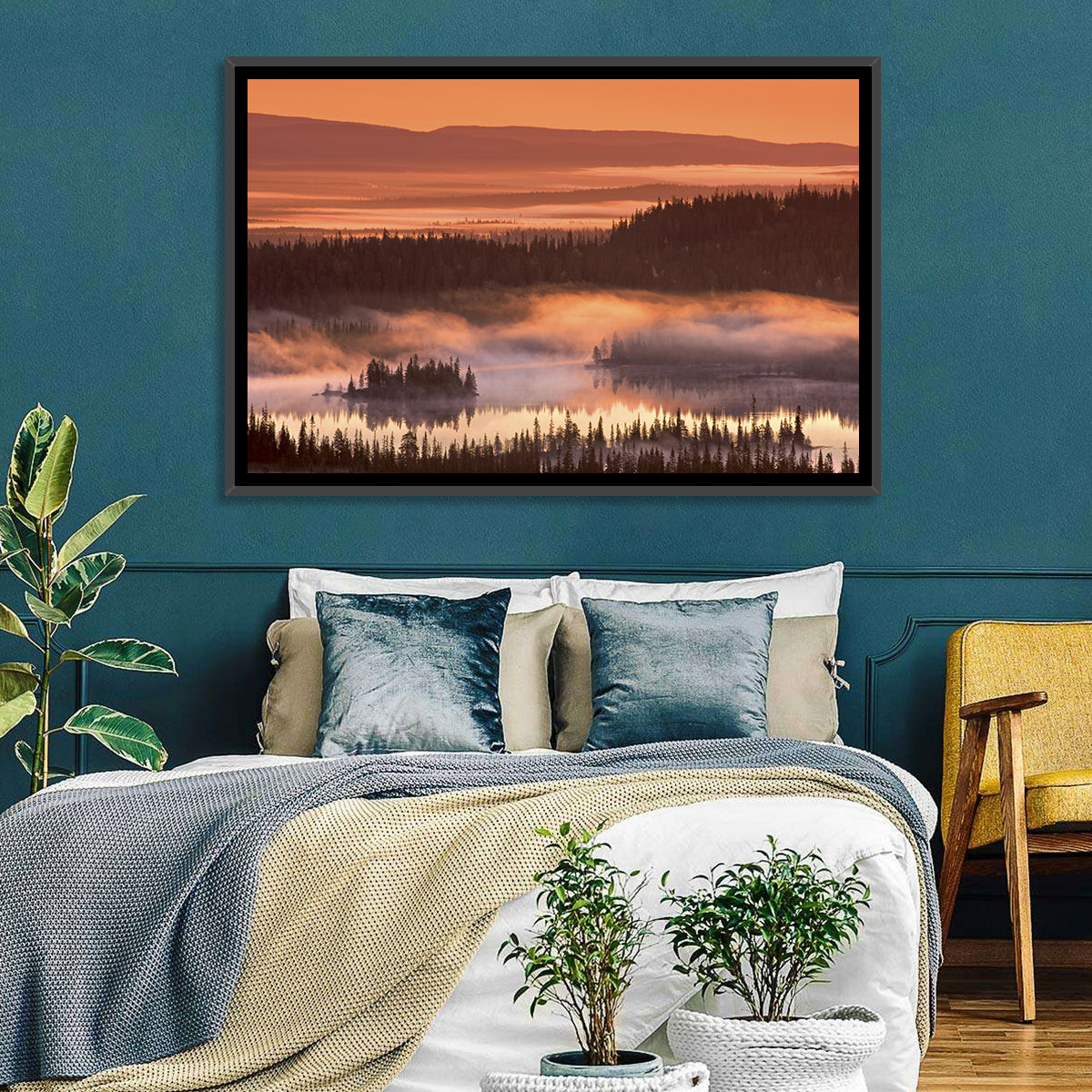 Lapland Sunrise Over Misty Lake Wall Art in a room, landscape