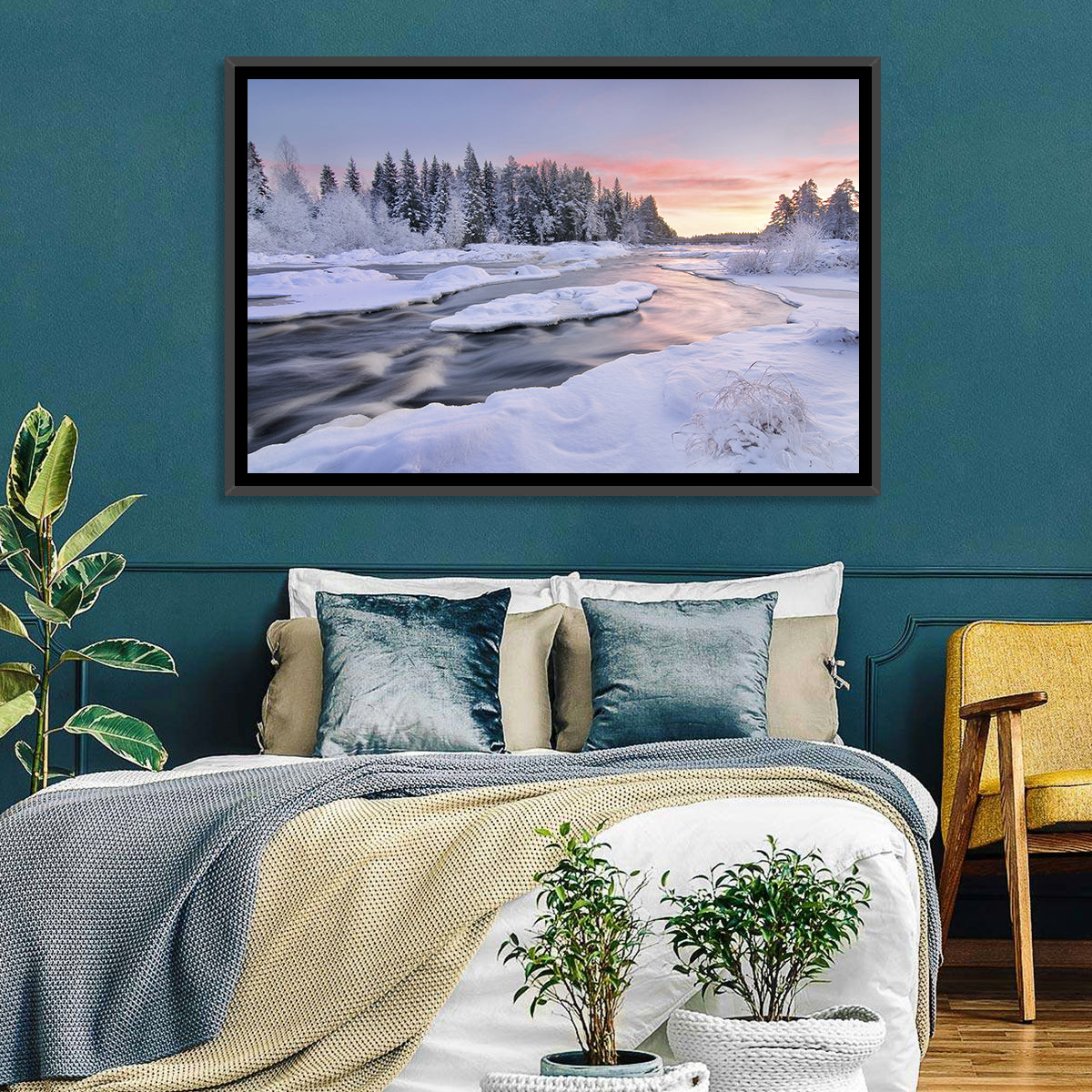 Kiiminkijoki Winter Sunrise Wall Art in a room, landscape