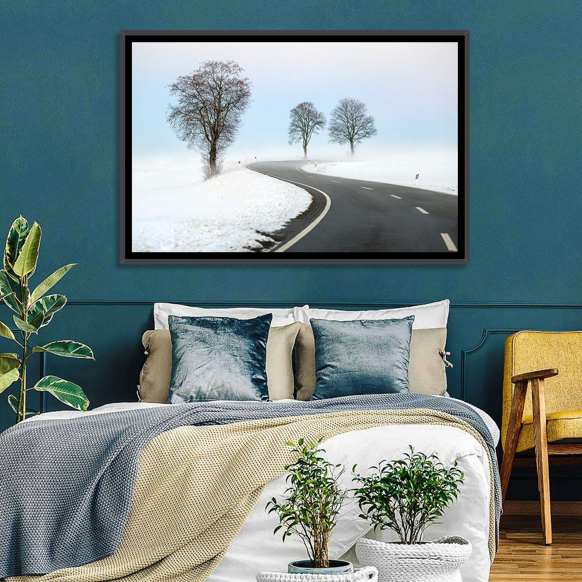 Foggy Winter Road Wall Art in a room, landscape