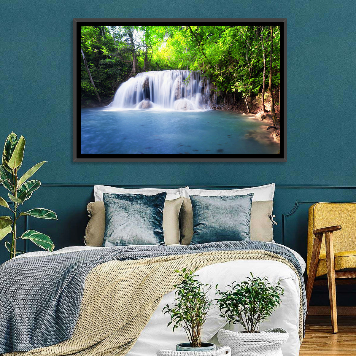 Erawan Waterfall Emerald Pool Wall Art in a room, landscape