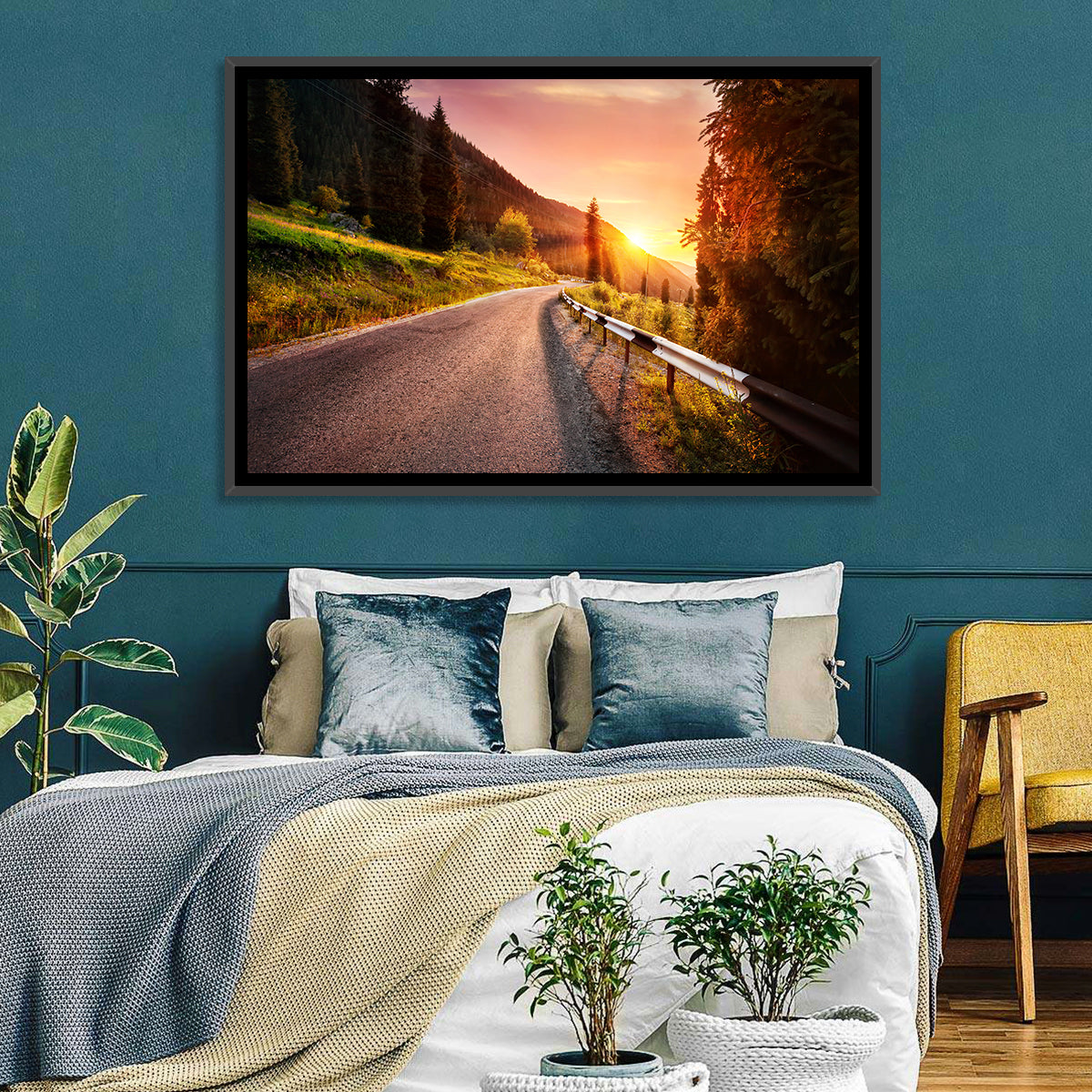 Golden Hour Mountain Road Wall Art in a room, landscape