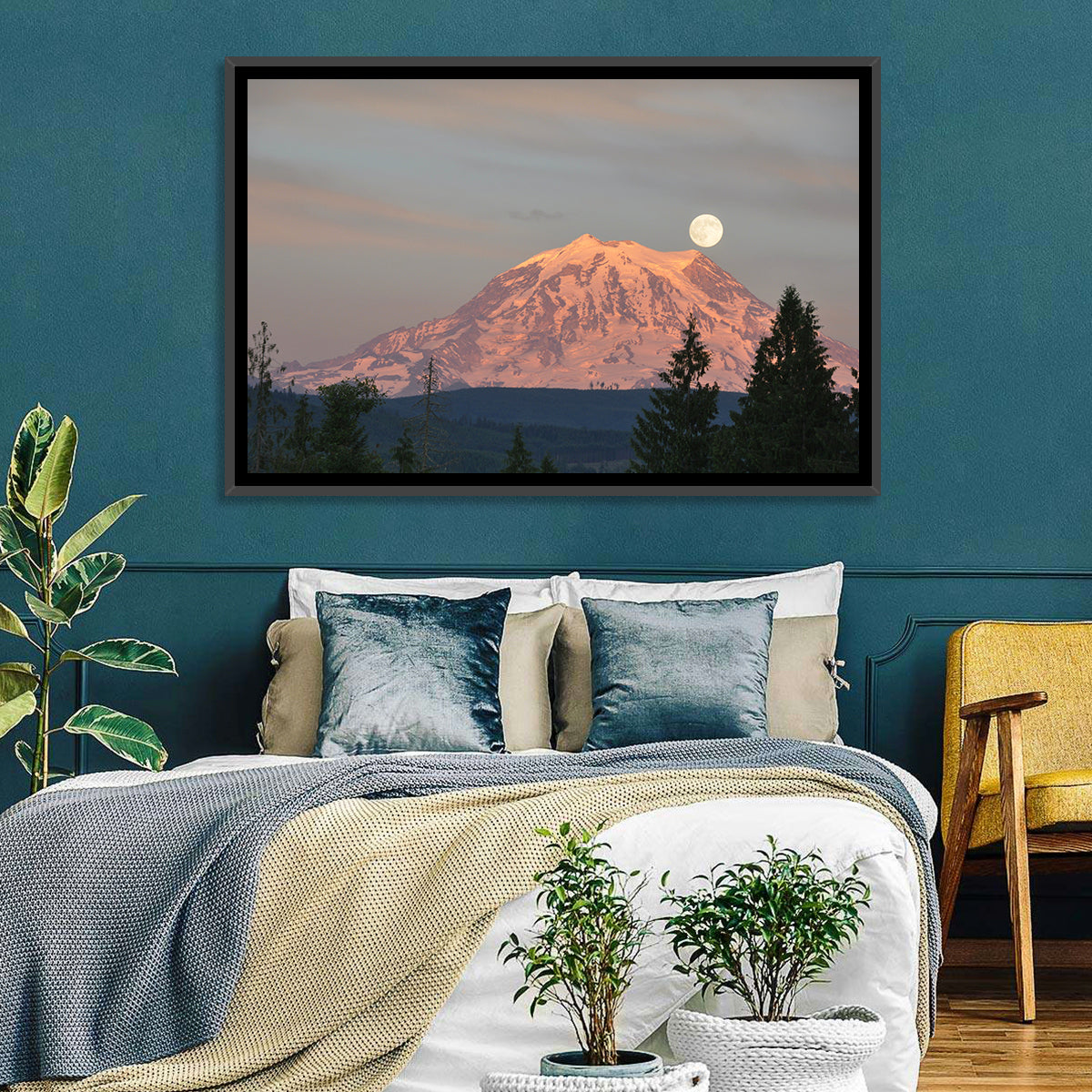 Mount Rainier Alpenglow with Full Moon Wall Art in a room, landscape