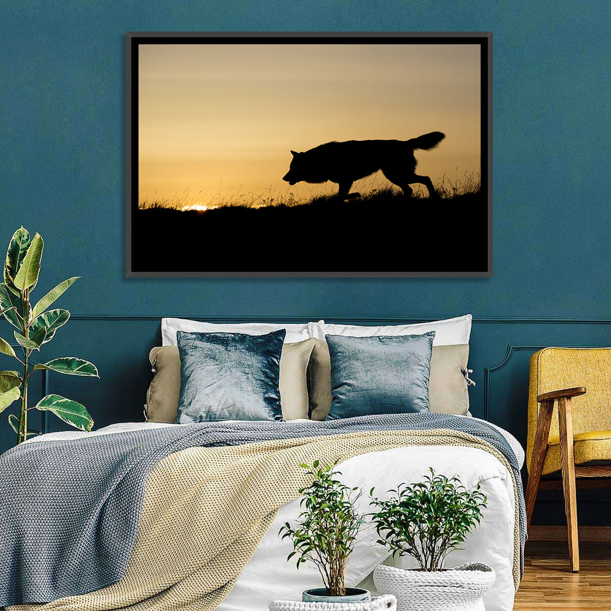 Wolf at Golden Horizon Wall Art in a room, landscape