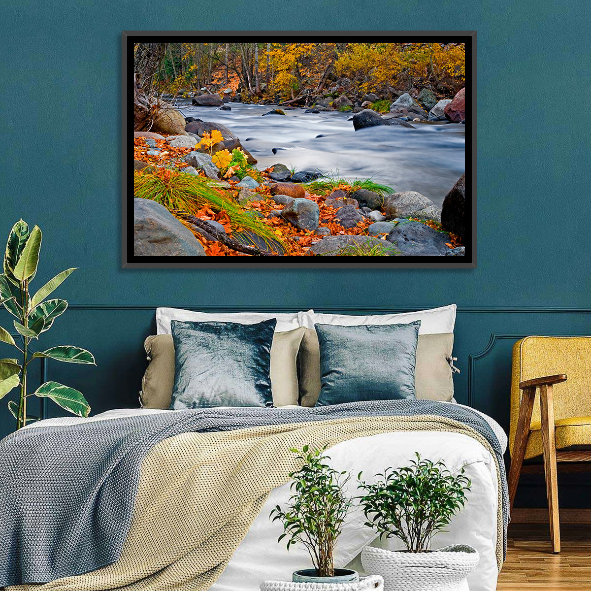 Golden Autumn Forest Creek Wall Art in a room, landscape