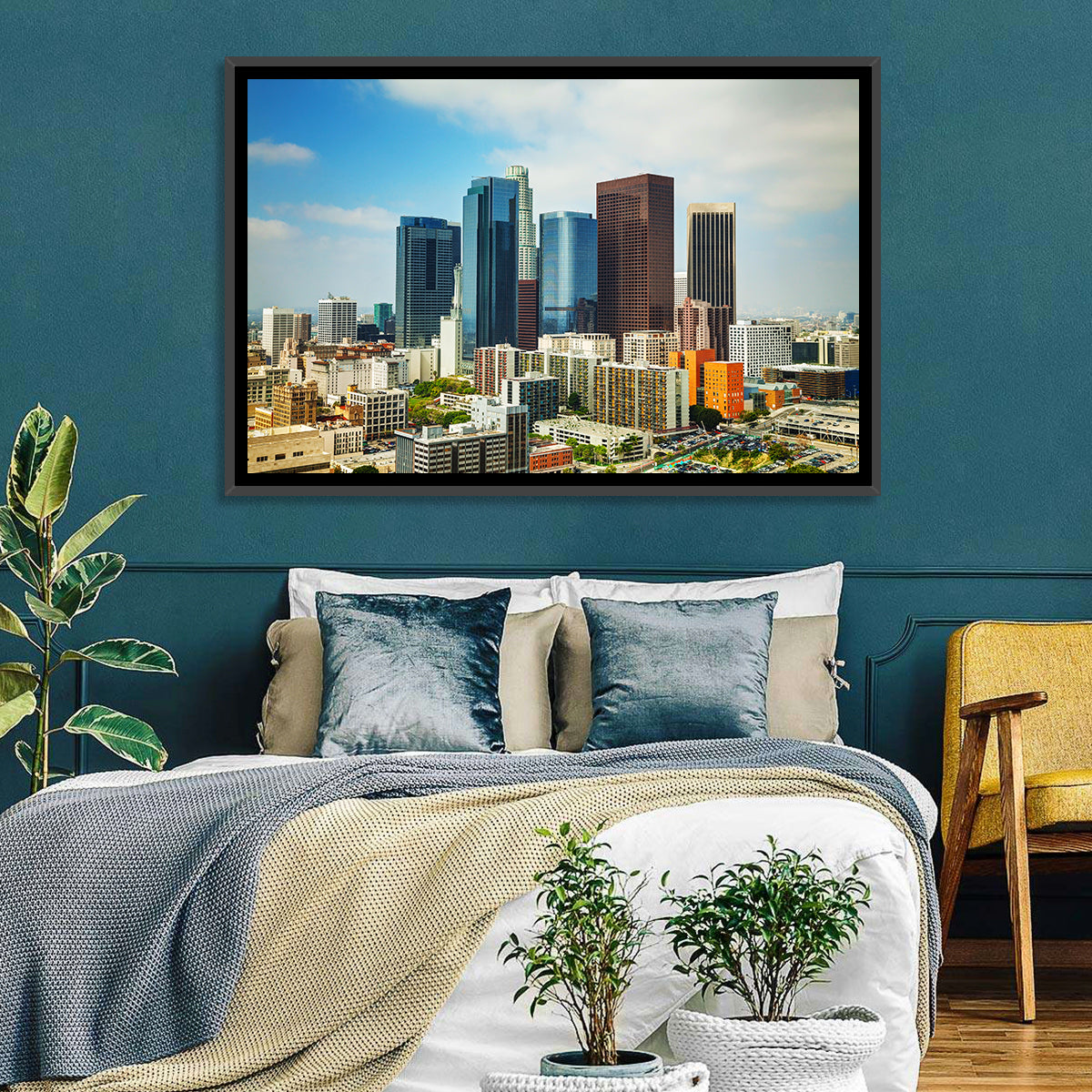 Downtown Los Angeles Skyline Cityscape Wall Art in a room, landscape