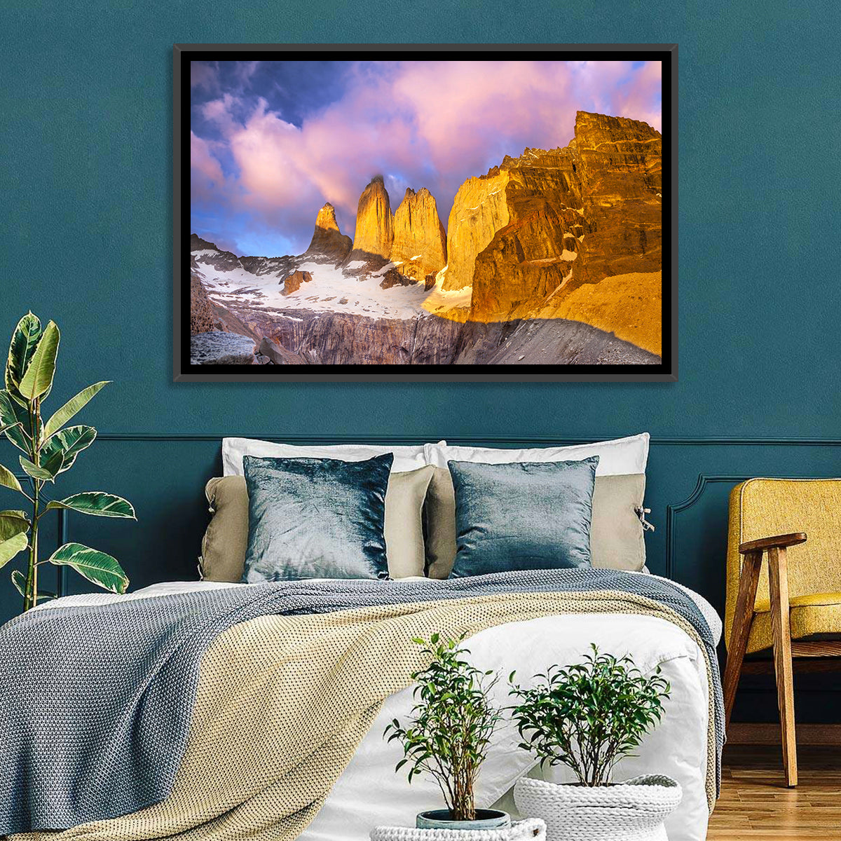 Torres Del Paine Alpenglow Wall Art in a room, landscape