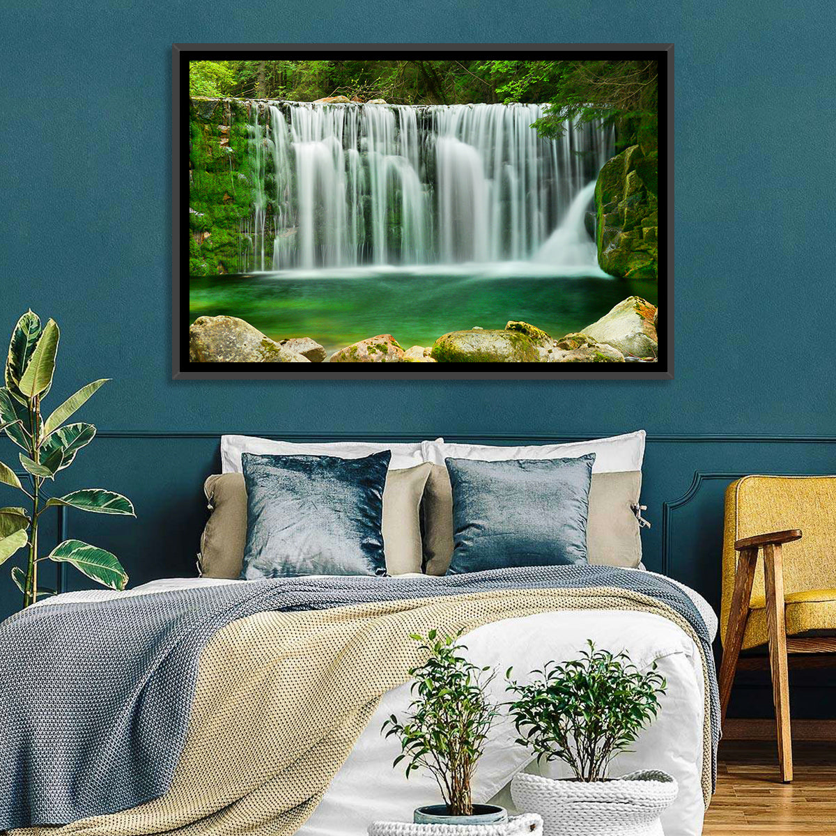 Emerald Lake Waterfall Wall Art in a room, landscape