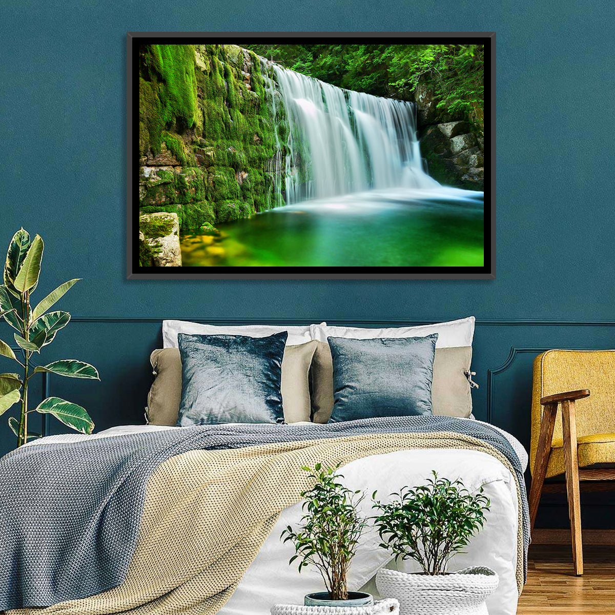 Emerald Lake Cascade Wall Art in a room, landscape