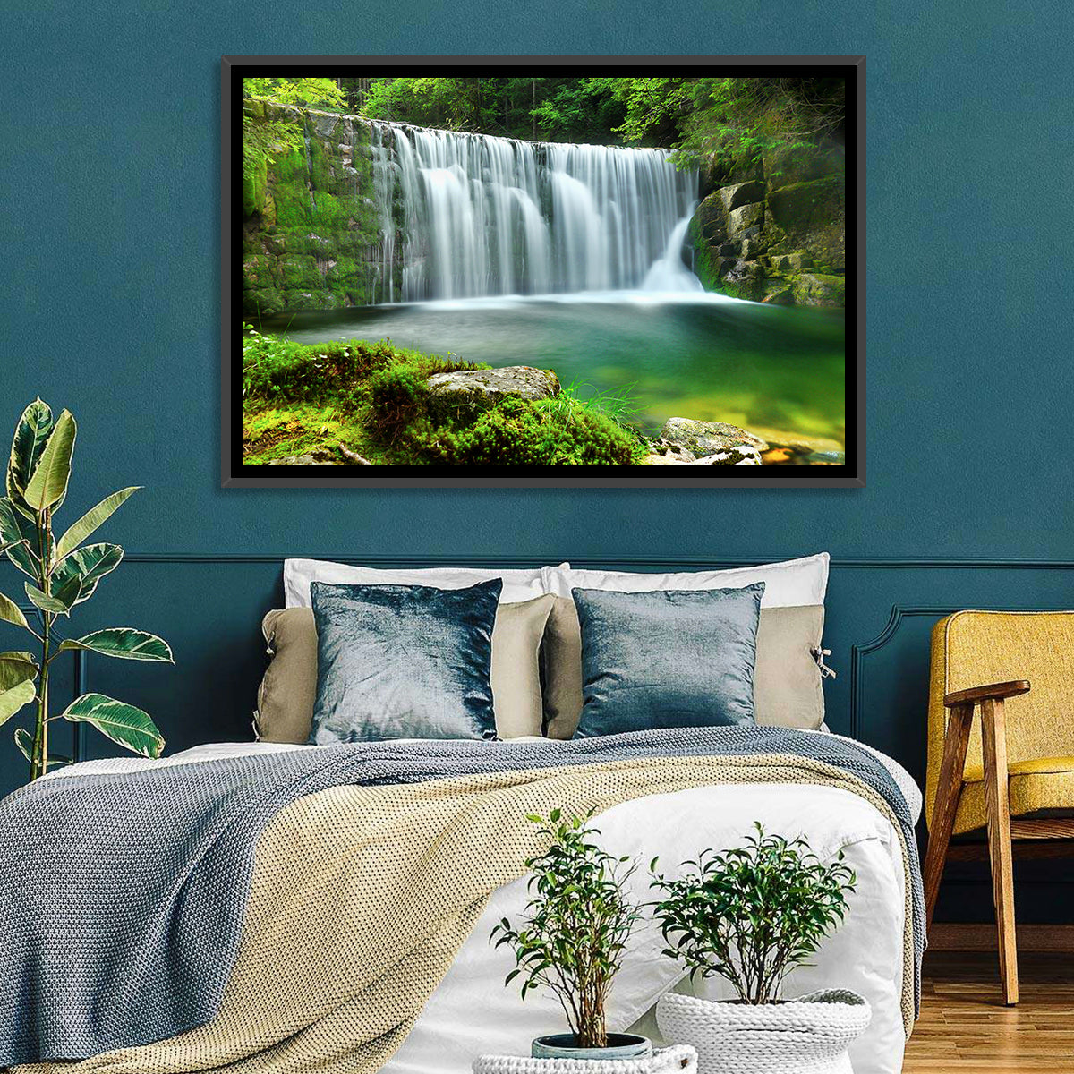 Emerald Forest Waterfall with Mossy Stones Wall Art in a room, landscape