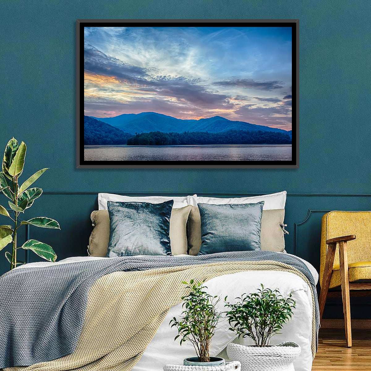 Lake Santeetlah Sunset Glow Wall Art in a room, landscape
