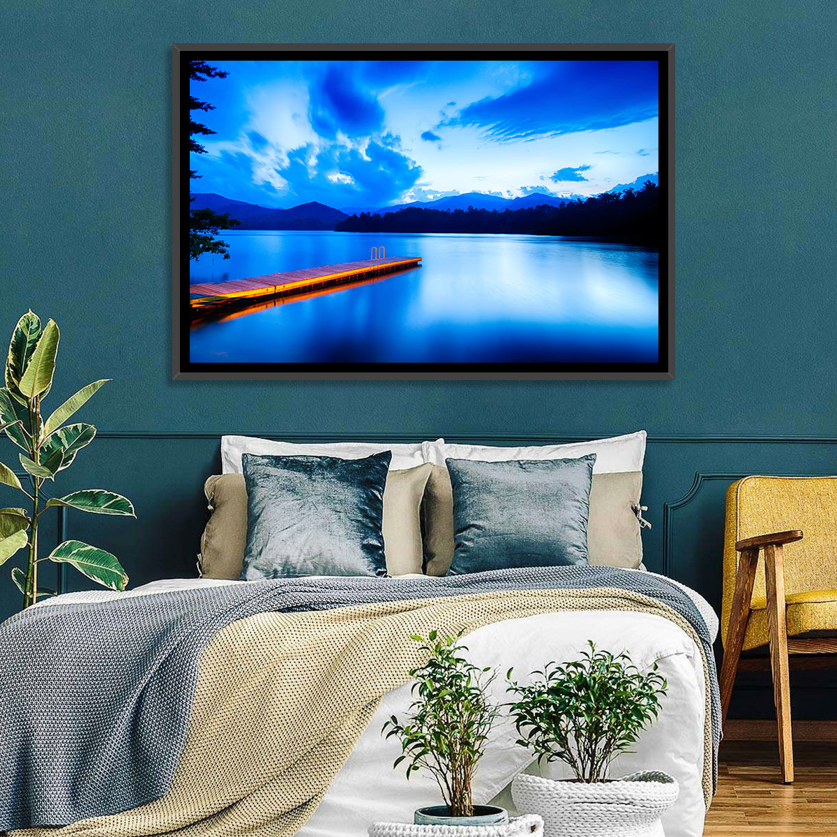 Lake Santeetlah Pier at Dusk Wall Art in a room, landscape