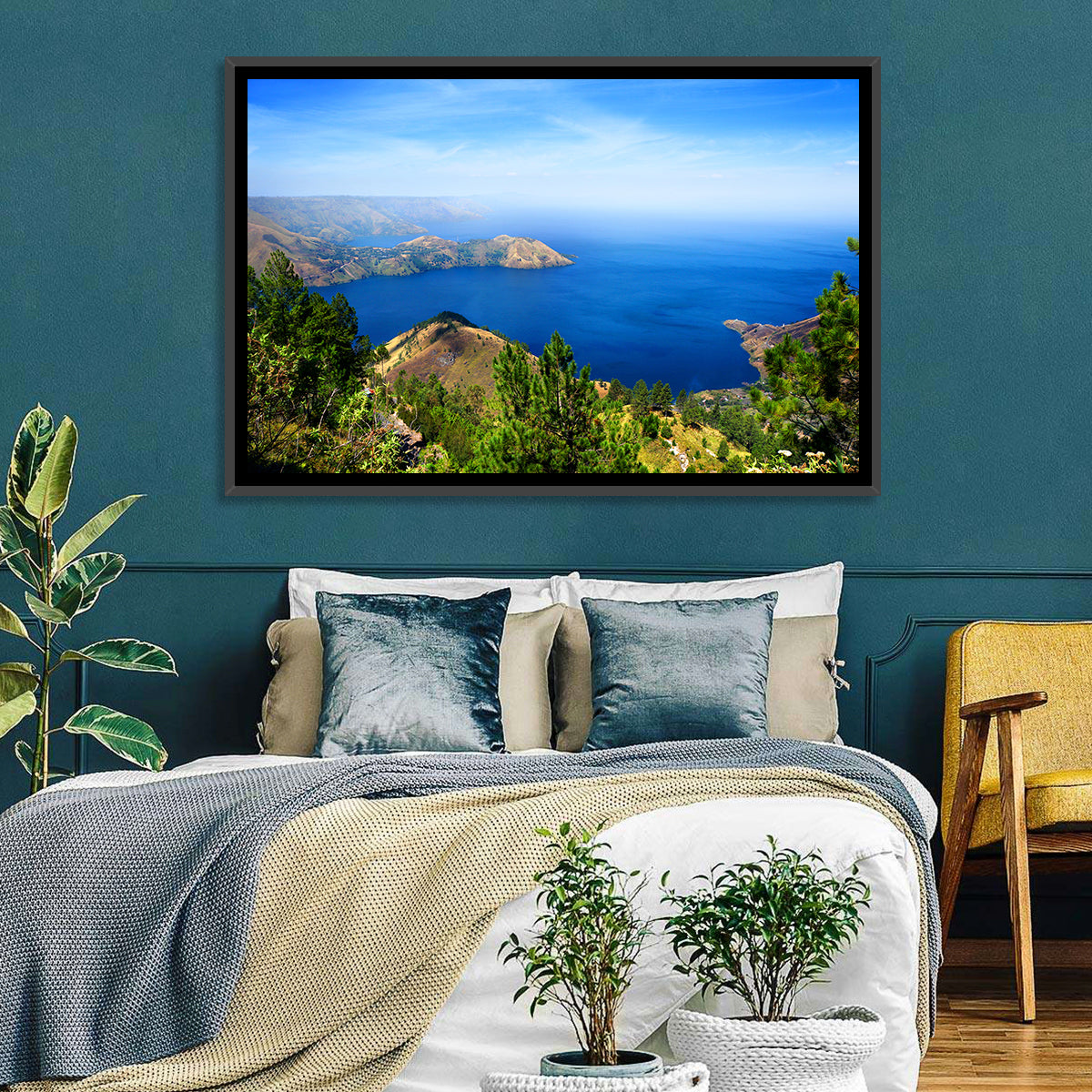 Lake Toba Aerial View Wall Art in a room, landscape
