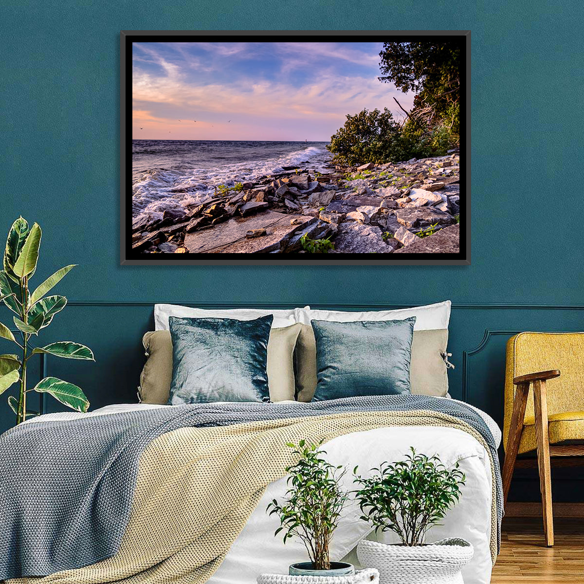 Lake Michigan Rocky Shoreline at Dusk Wall Art in a room, landscape