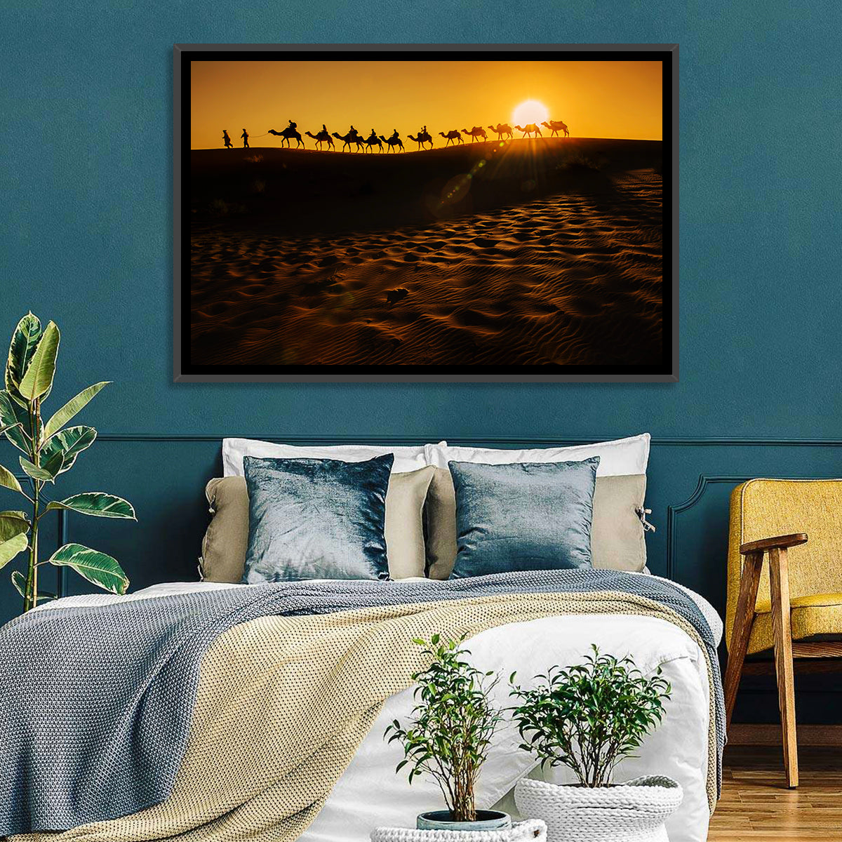Camel Caravan Silhouette at Golden Sunset Wall Art in a room, landscape