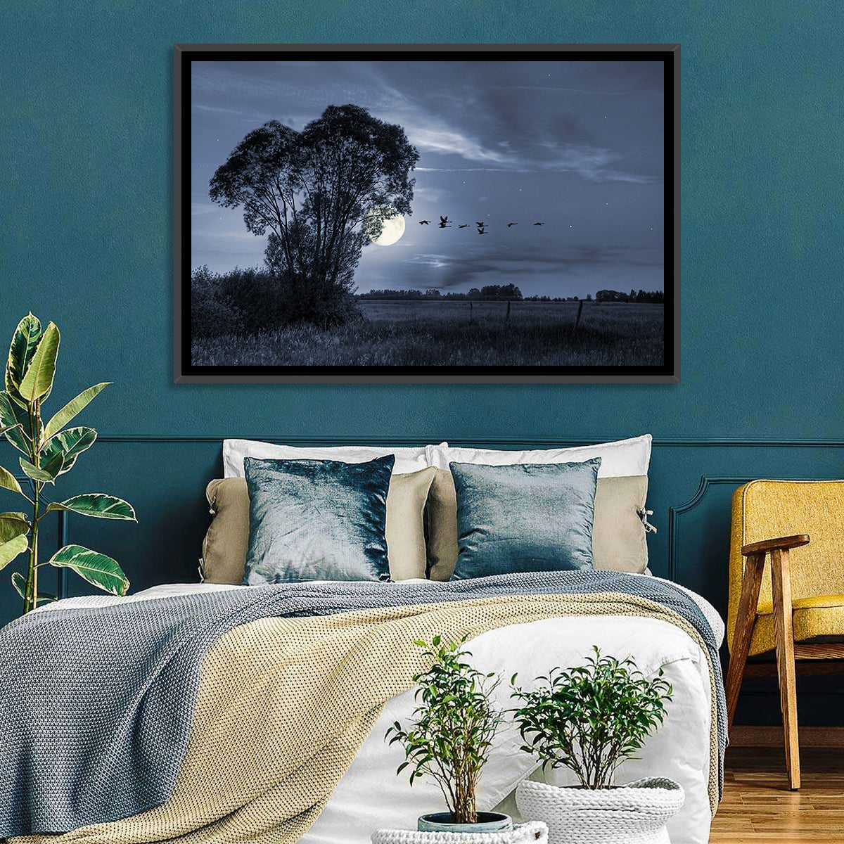 Moonlit Birds Over Quiet Field Wall Art in a room, landscape