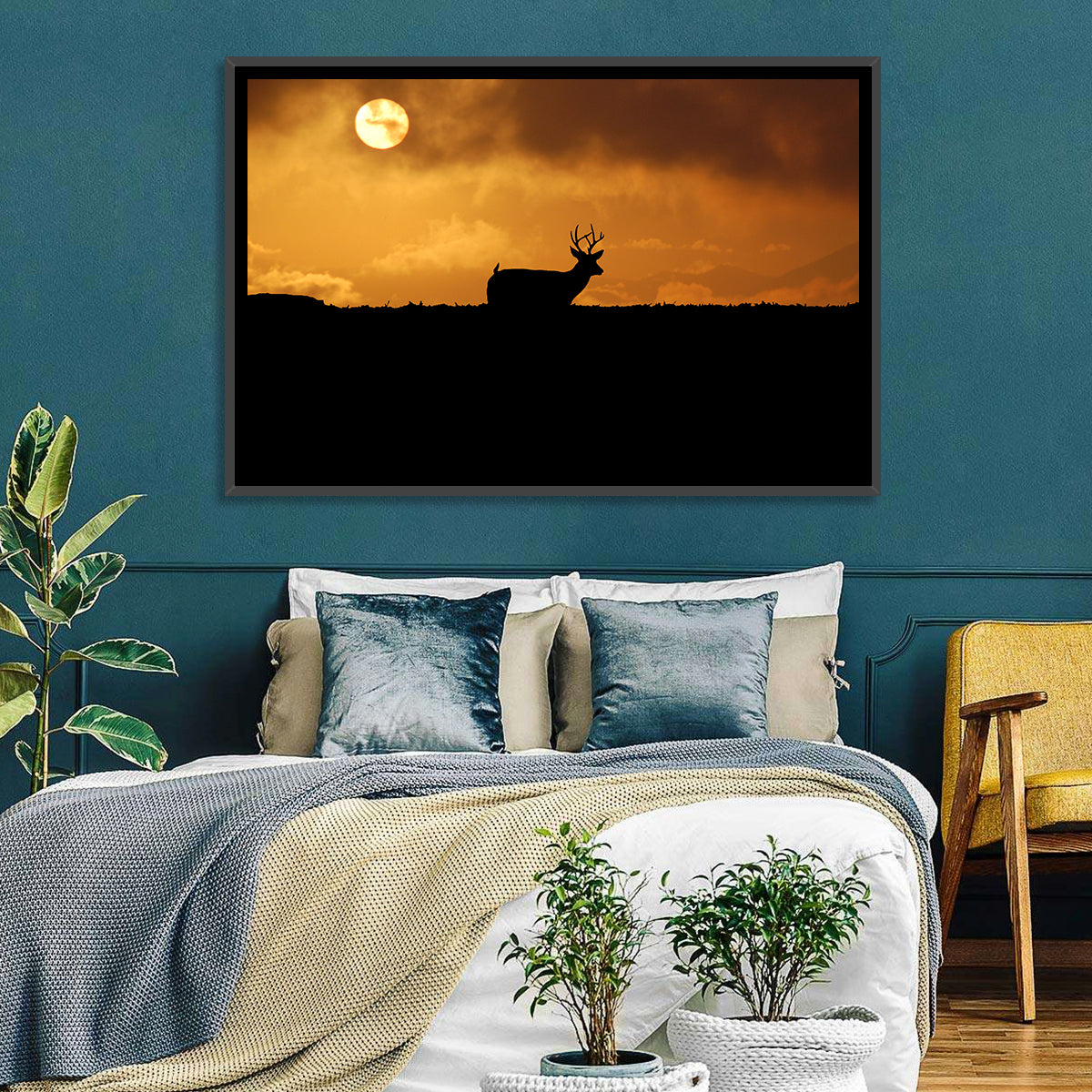 Deer at Sunset Wall Art in a room, landscape
