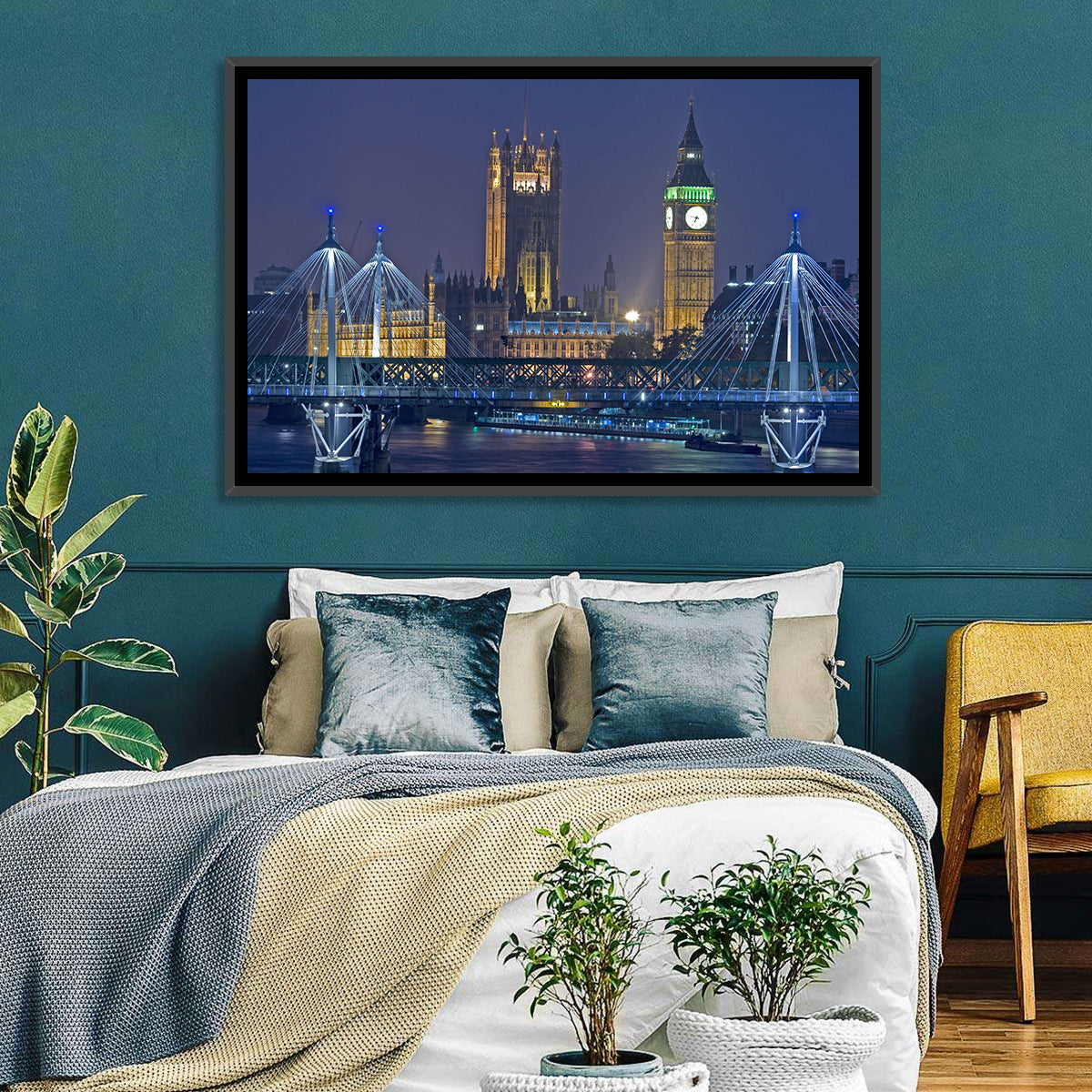 Big Ben Night Skyline Wall Art in a room, landscape