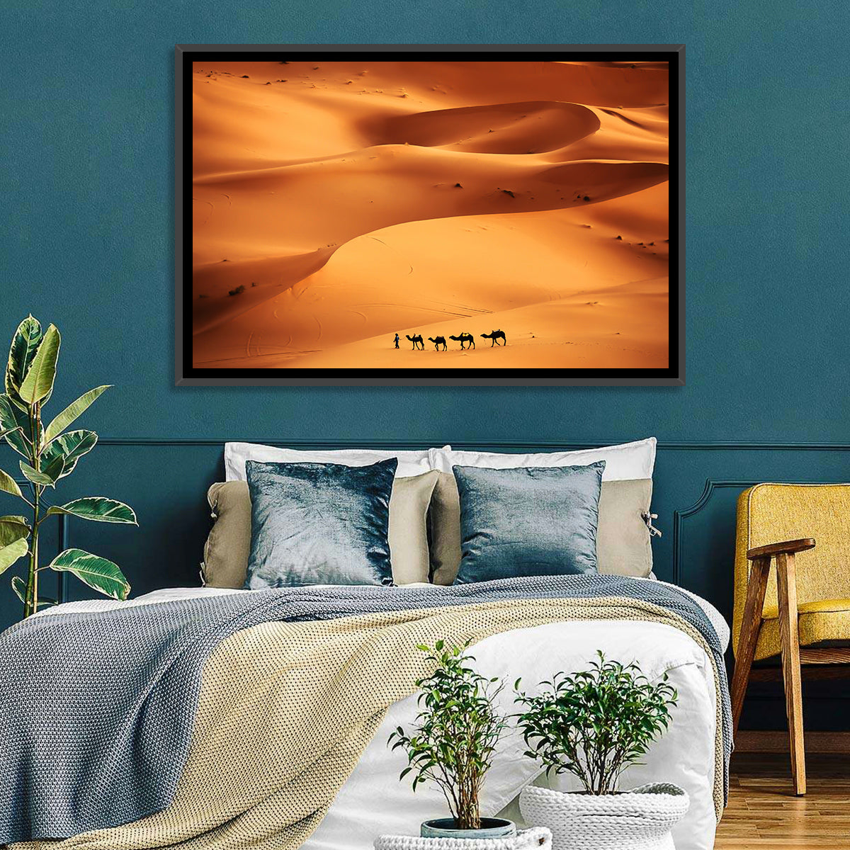 Desert Camel Caravan in Golden Dunes Wall Art in a room, landscape