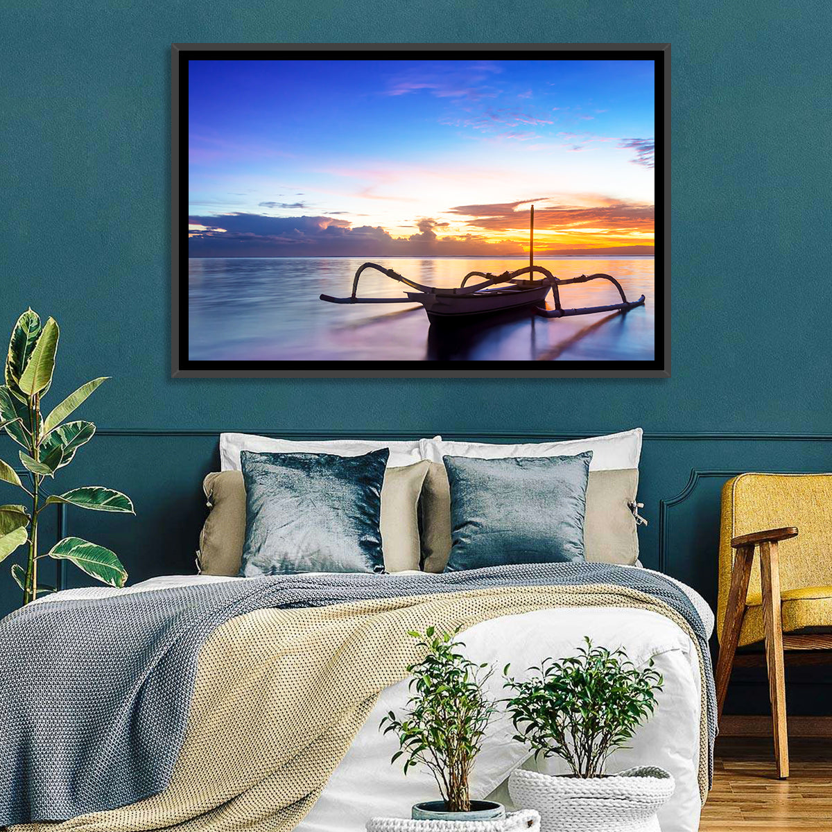 Jukung Fishing Boat at Sunset Wall Art in a room, landscape