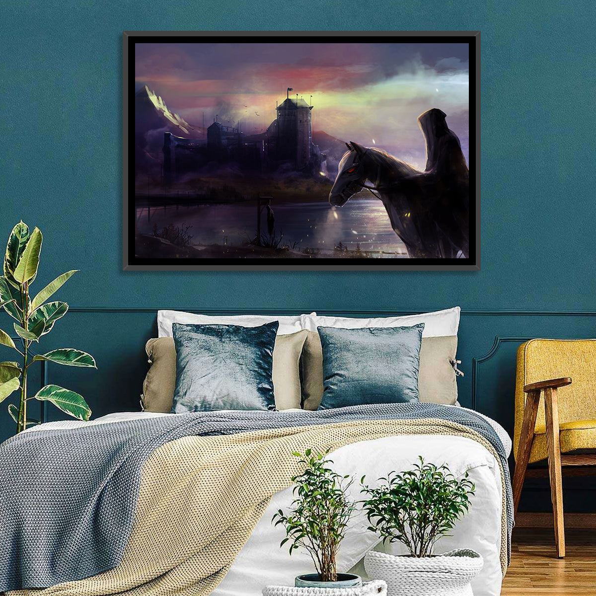 Horseman at Dusk by Misty Castle Wall Art in a room, landscape