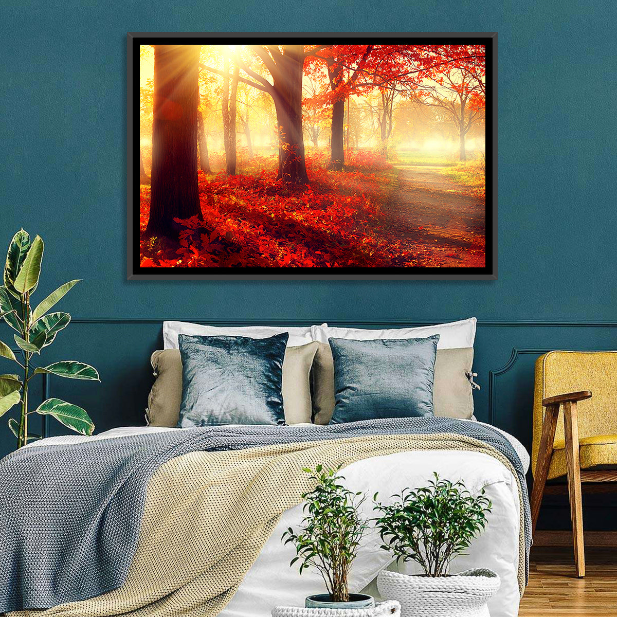 Sunlit Forest Path Wall Art in a room, landscape